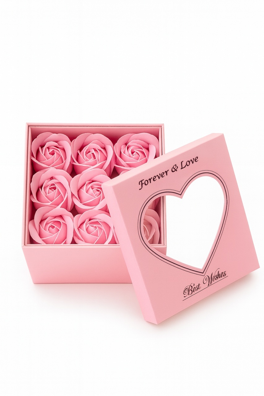Cutie cadou 11x11x9.5 cm cu 9 trandafiri de sapun roz, aranjament elegant Forever Love 2