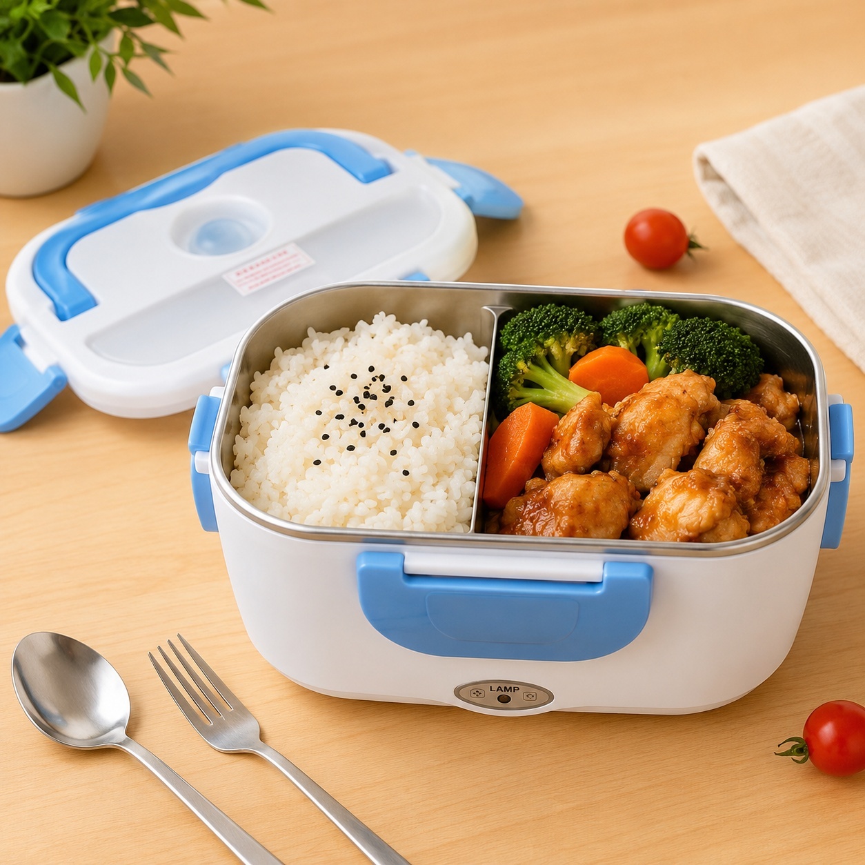 Cutie electrică pentru prânz 40W, lunch box încălzire mâncare, alb cu albastru 2