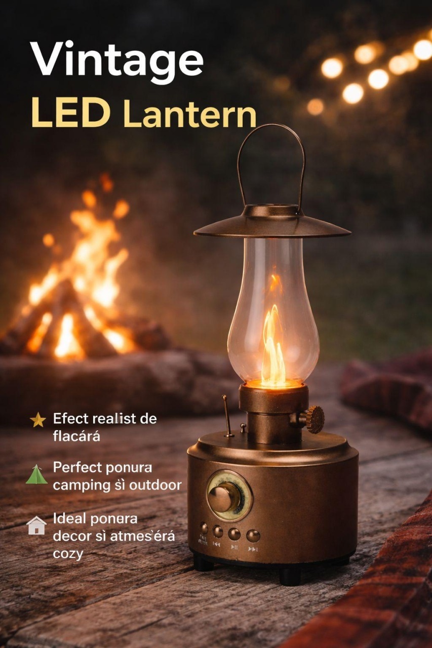 Felinar LED vintage cu efect flacara realist, boxa wireless, USB si TF, decor ambient si camping, auriu 2