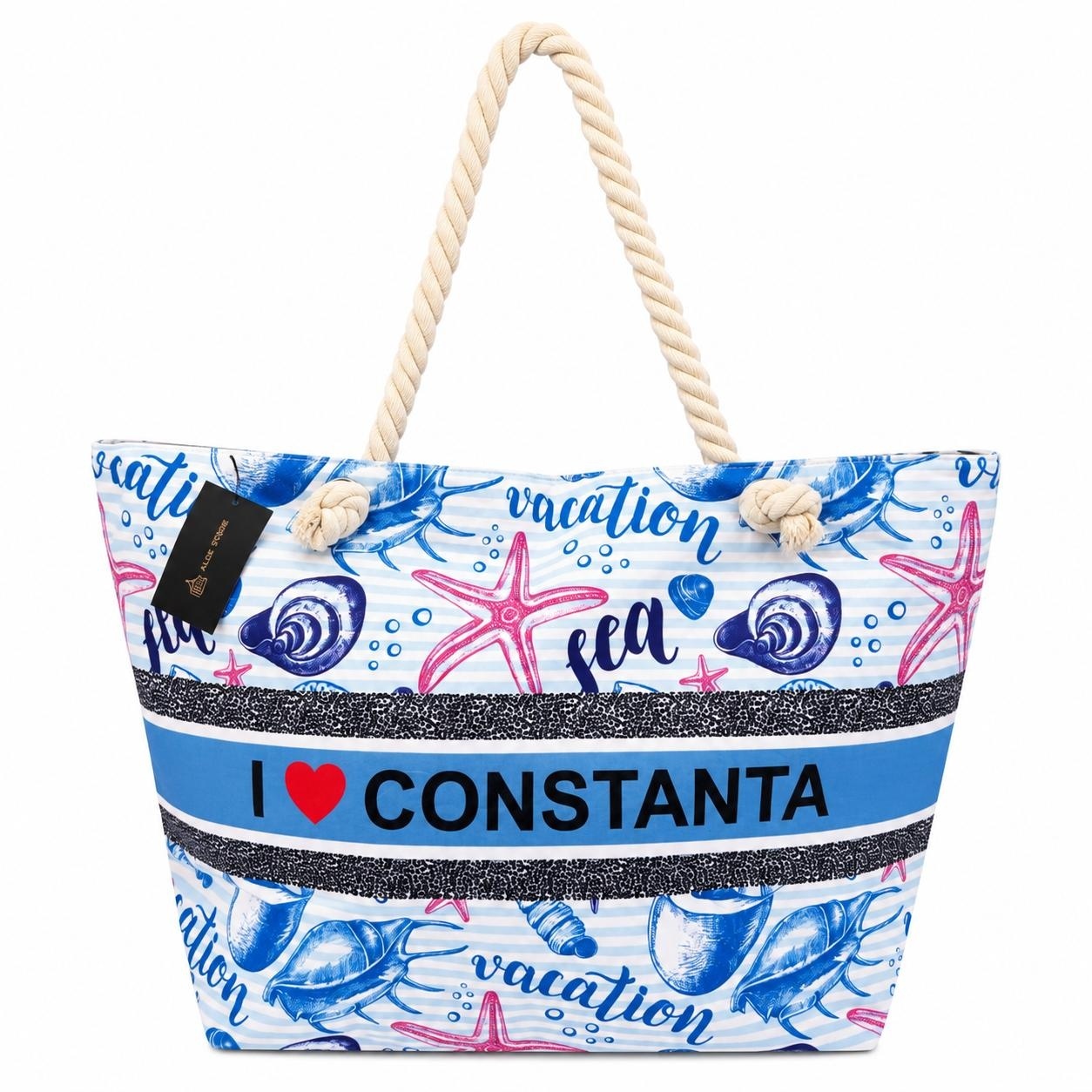 Geantă Mare de Plajă I Love Constanța – Geantă Stil Marin cu Mânere din Sfoară