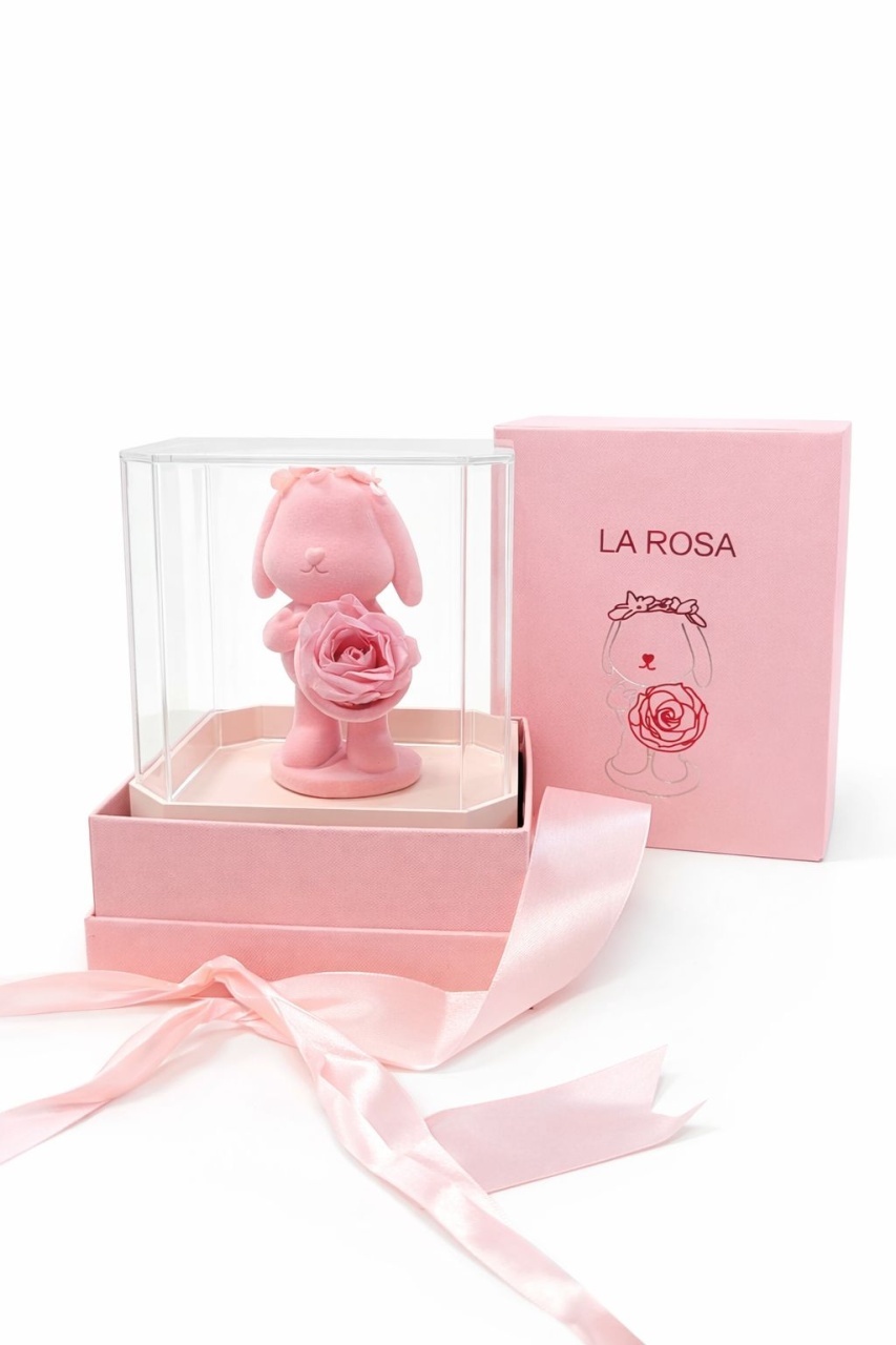 Iepuras cu trandafir in vitrina 22x15x15 cm, 1kg cu sertar bijuterii si punga cadou 5