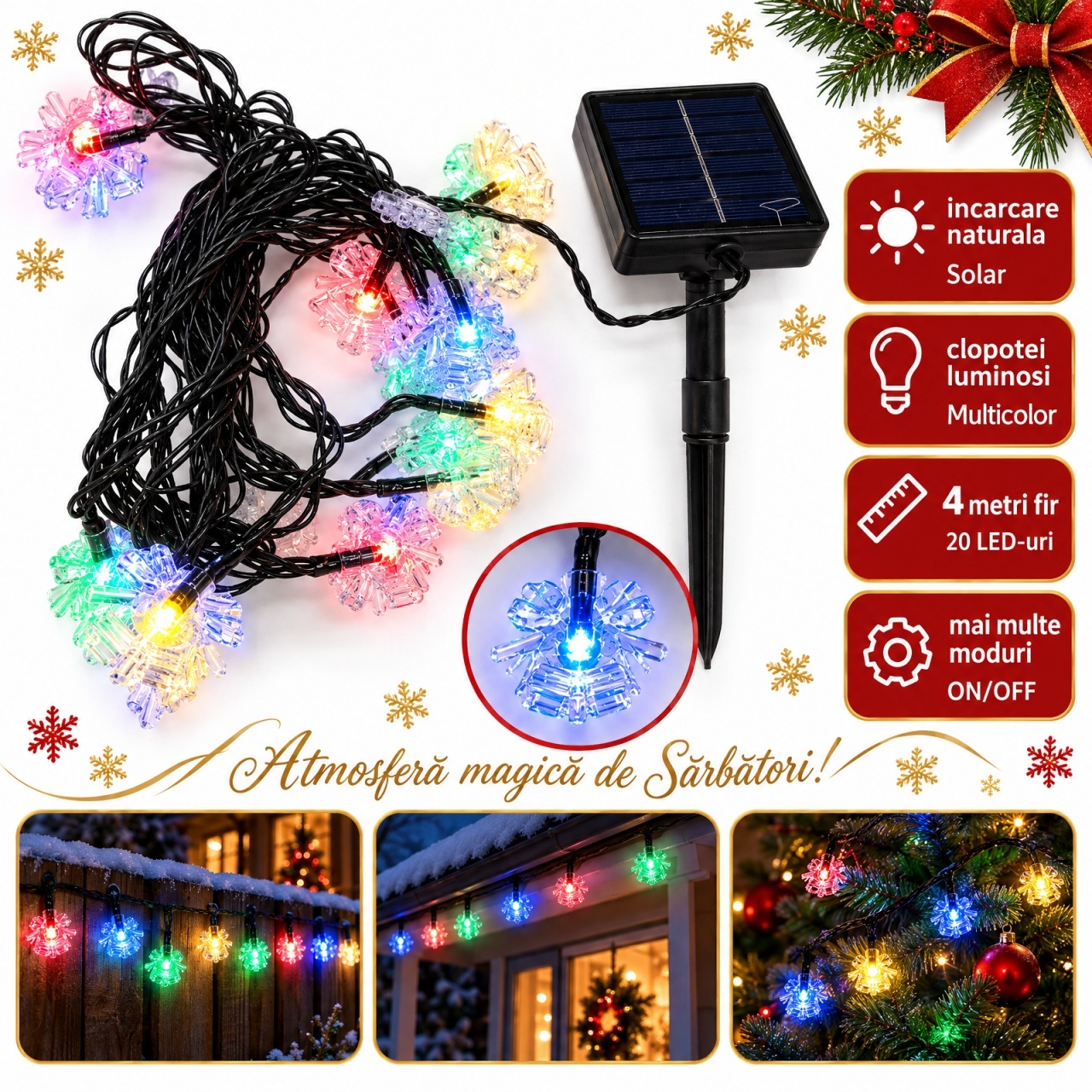 Instalatie de Craciun solara, 4m, multicolora, 20 LED-uri in forma de clopotei, fir negru