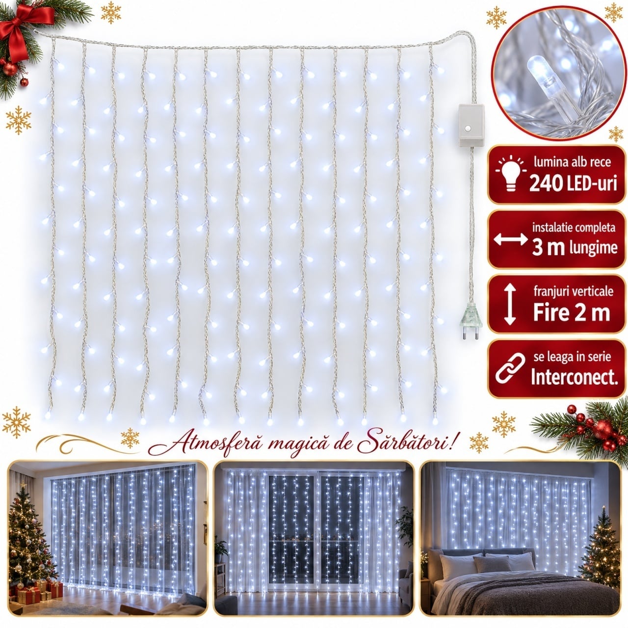 Instalație luminoasă de Crăciun tip ploaie, 240 LED, 3 m, fire 2 m, alb rece, interconectabilă