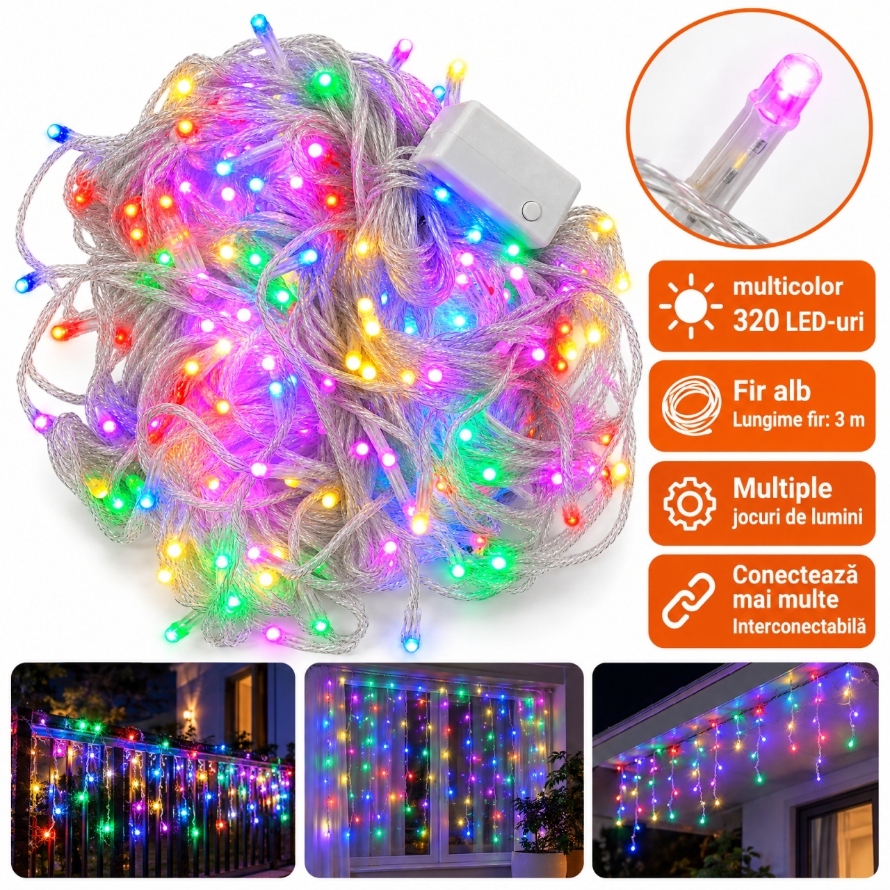 Instalatie luminoasa tip ploaie, 320 LED multicolor, 3 m, fir alb, interconectabila