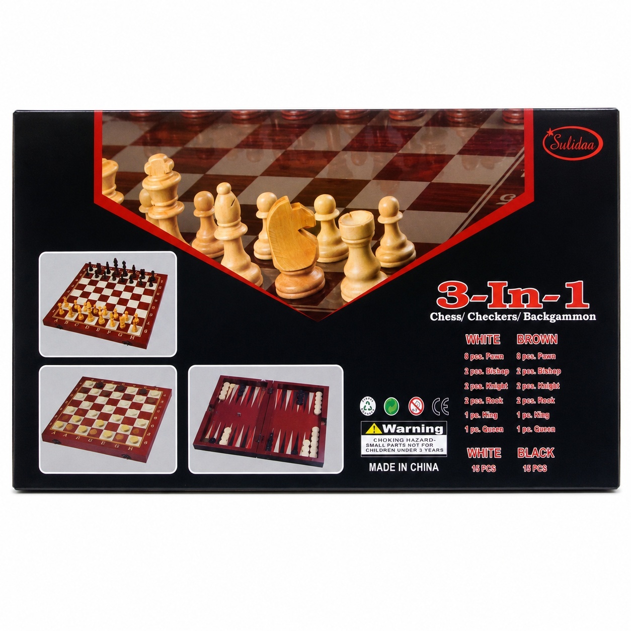 Joc 3 in 1 Sah, Table si Dame din Lemn maro inchis 50x40 cm Set Complet pentru Familie