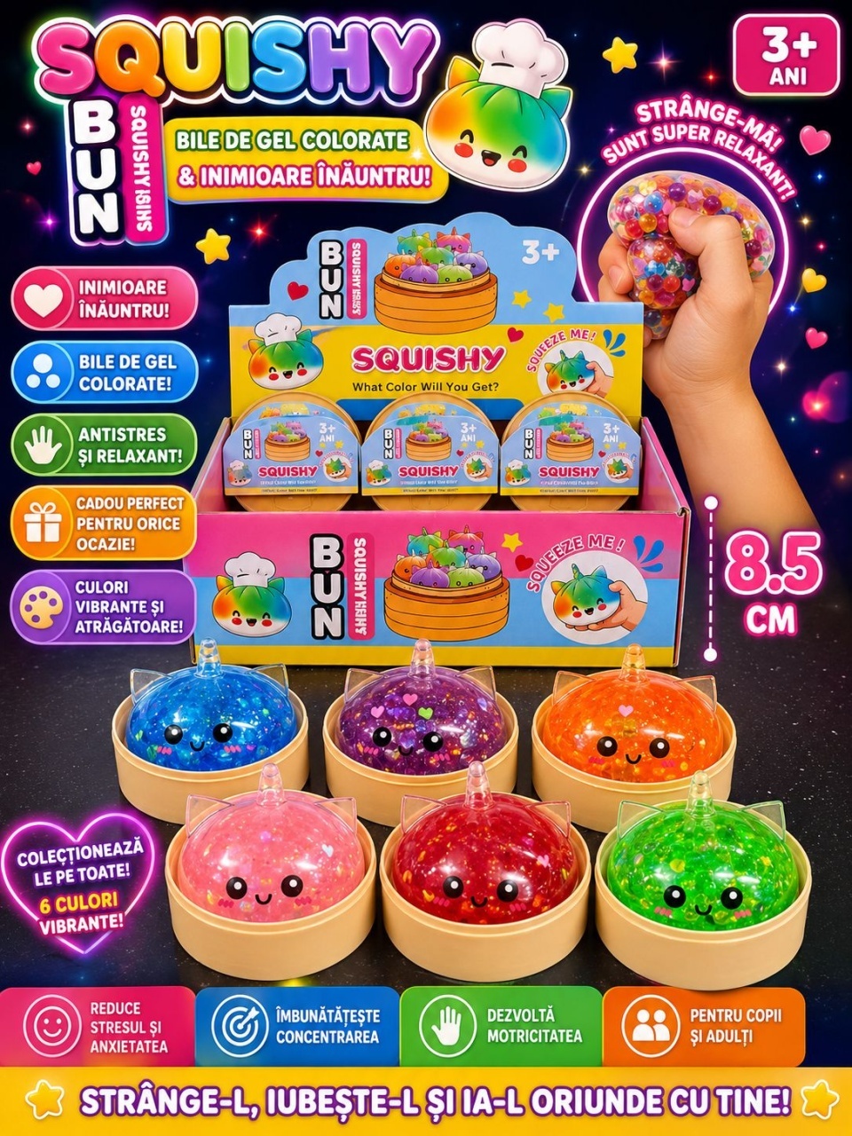 Jucărie Antistres Squishy Dumpling Unicorn cu sclipici si bile din gel , 8.5 cm – Jucărie Senzorială pentru Copii 2