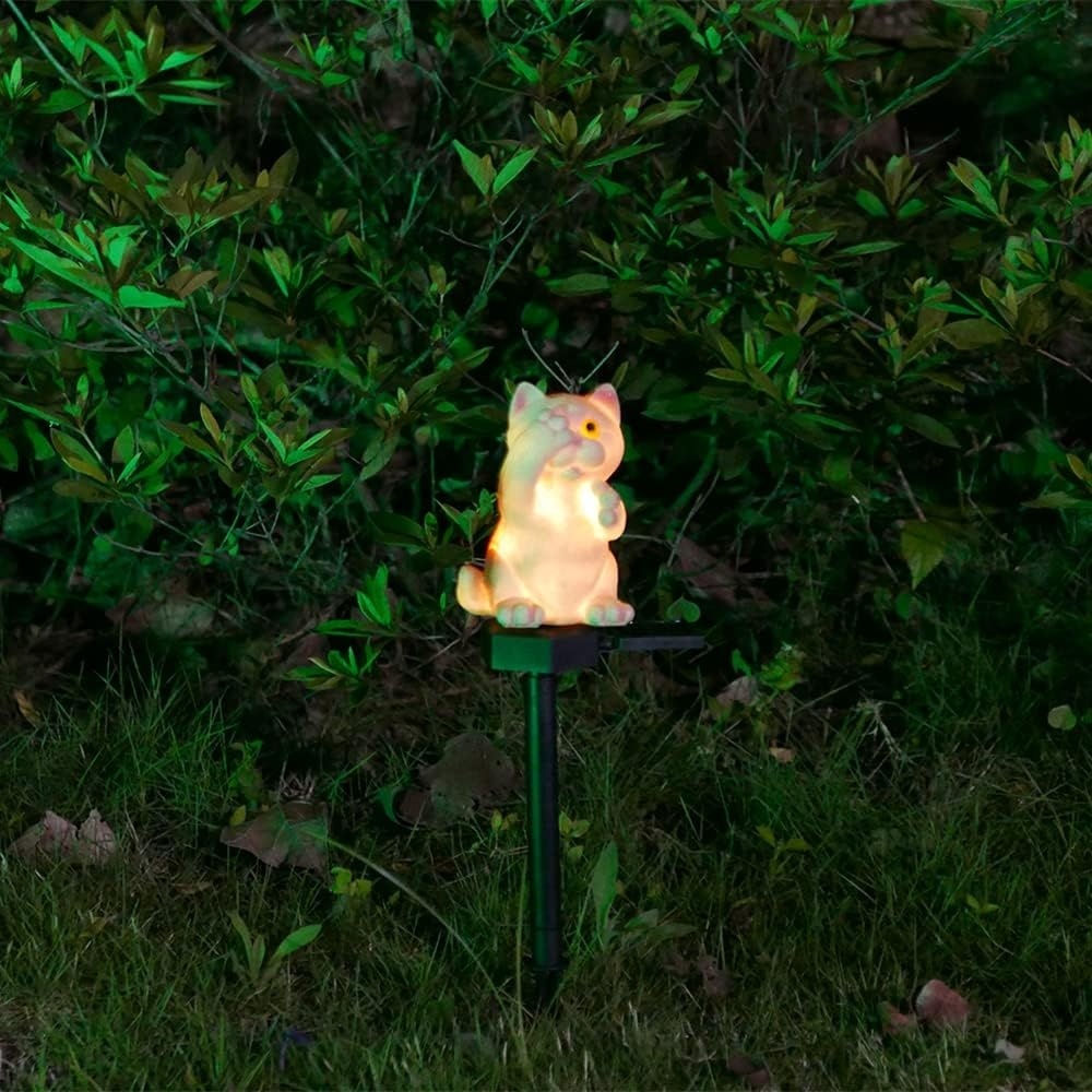 Lumină Solară Decorativă în Formă de Pisică, Polirășină, 15 cm, Crem 3