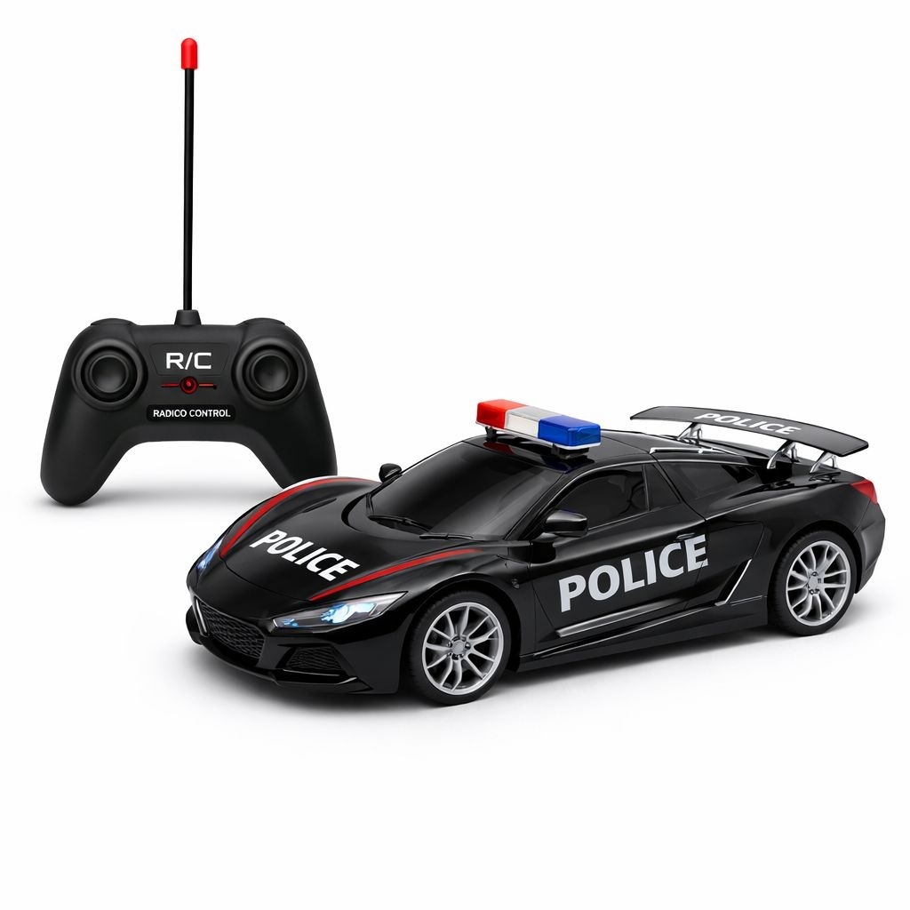 Masina politie RC neagra cu capota spate deschidere, lumini sunet, 2.4GHz, acumulator 2