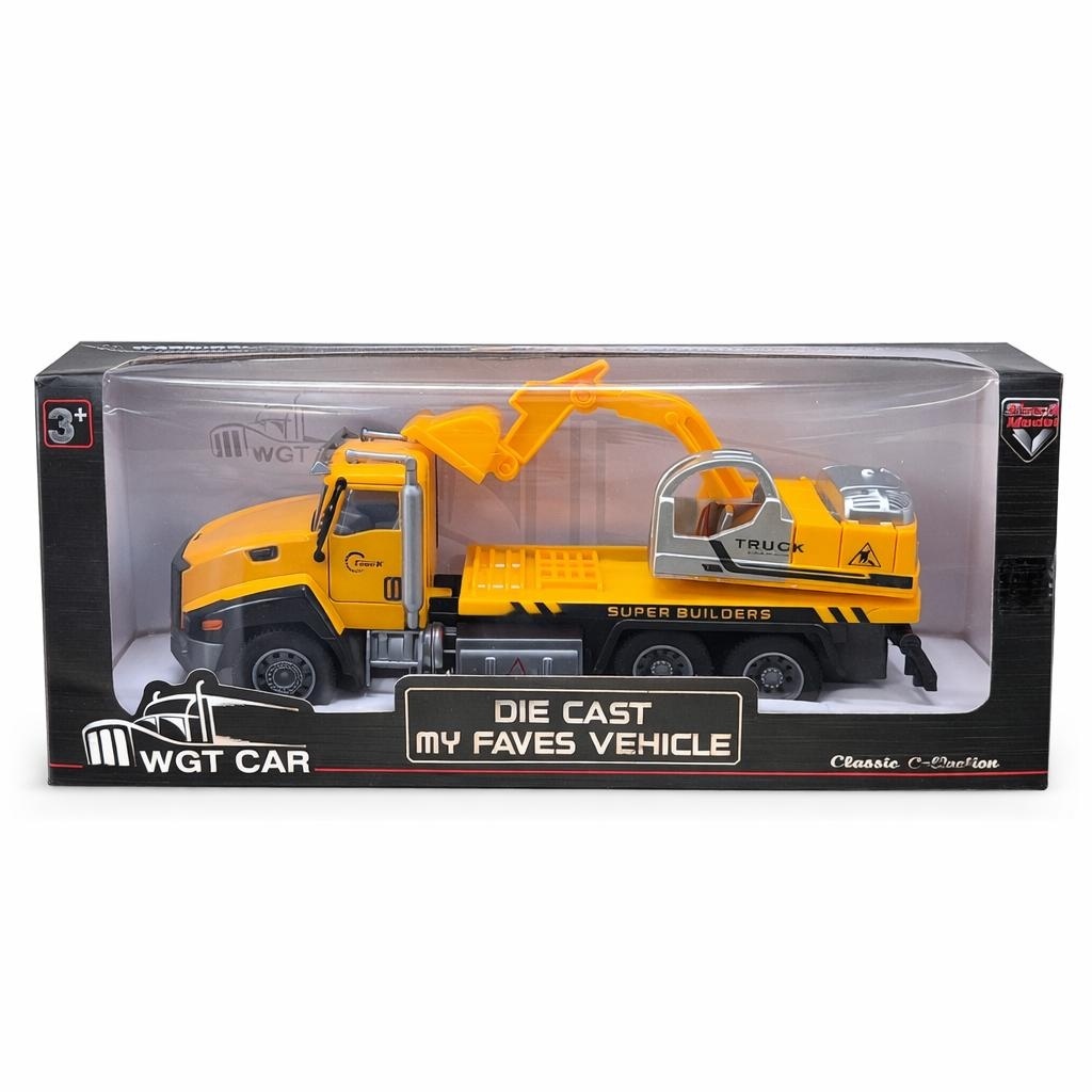 Masinuta constructii cu macara, model metalic die-cast, 26.5 cm, functie pull back,