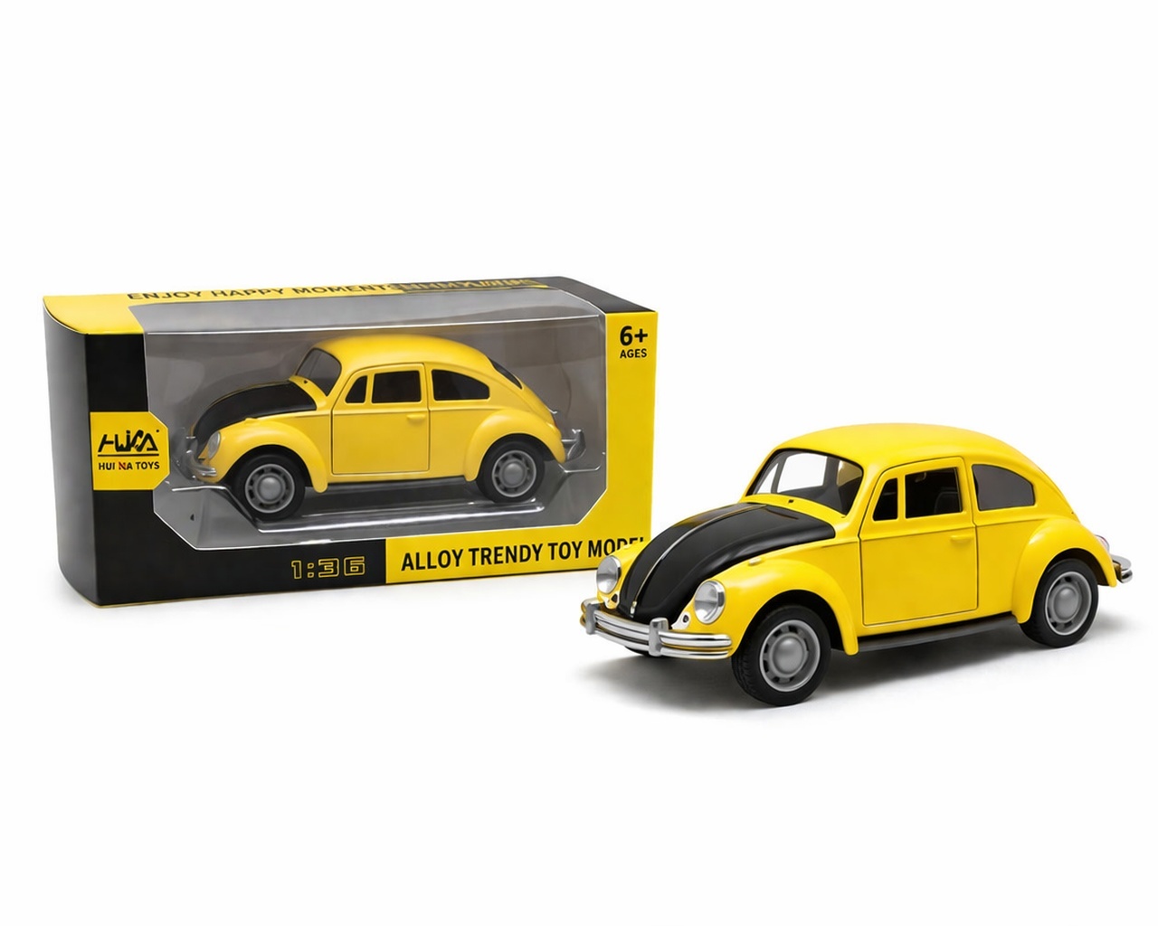Masinuta metalica galbena cu capota neagra pullback 1:36 model clasic