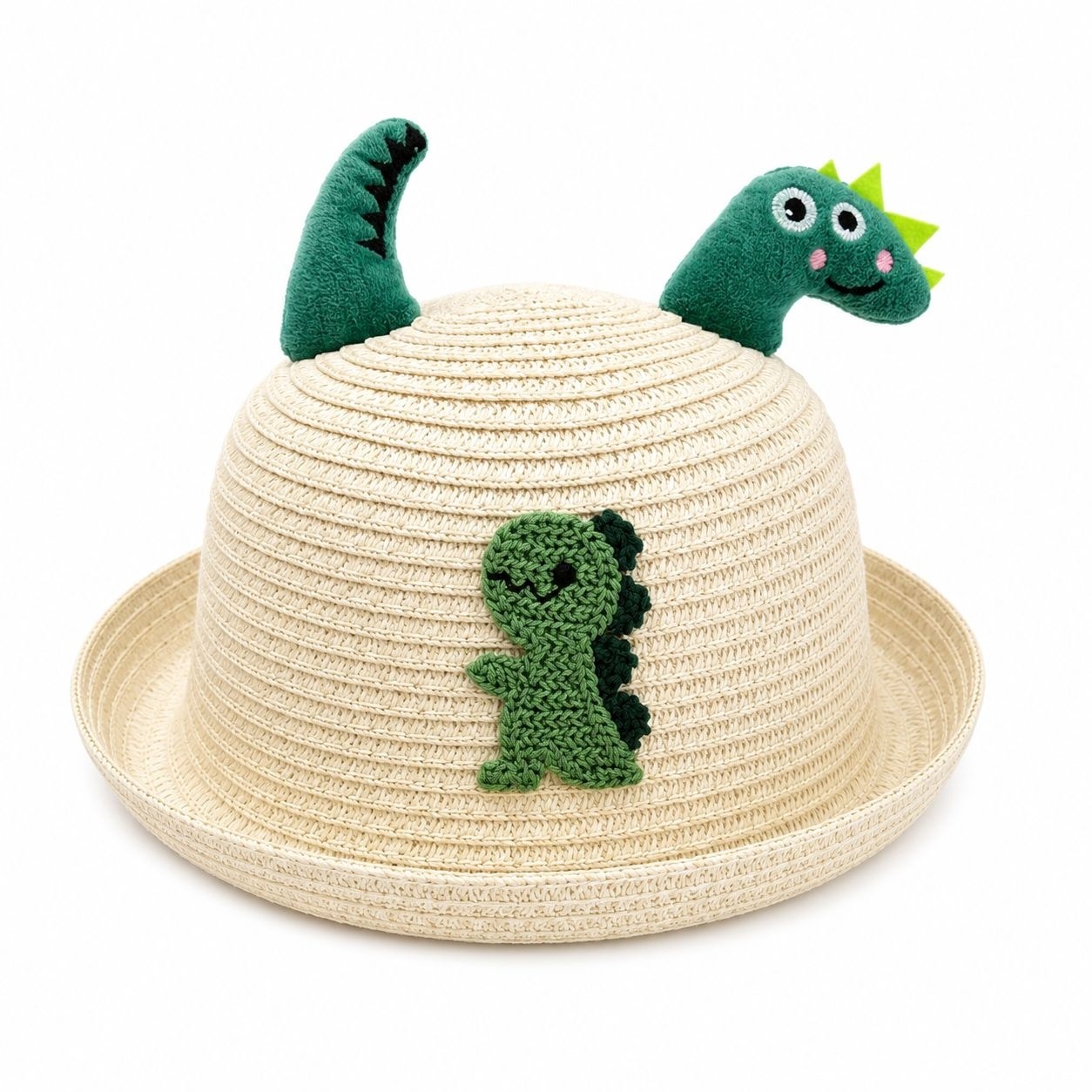 Palarie Crosetata Copii cu Tematica Dinozaur, Bumbac, Design Handmade, Crem-Verde