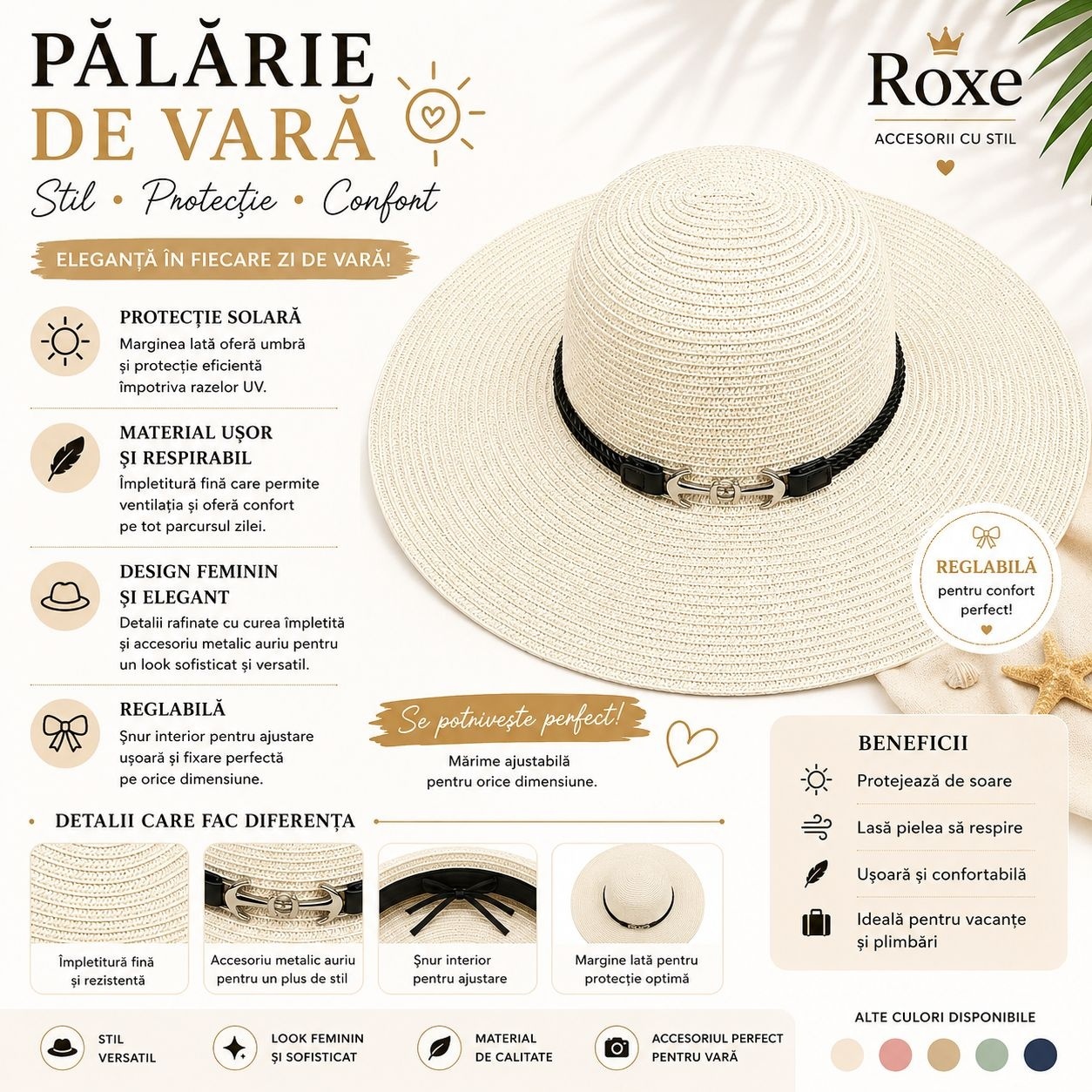 Pălărie Damă Alb Ivory de Vară cu Bor Lat și Curea Decorativă cu Accesoriu Metalic 2