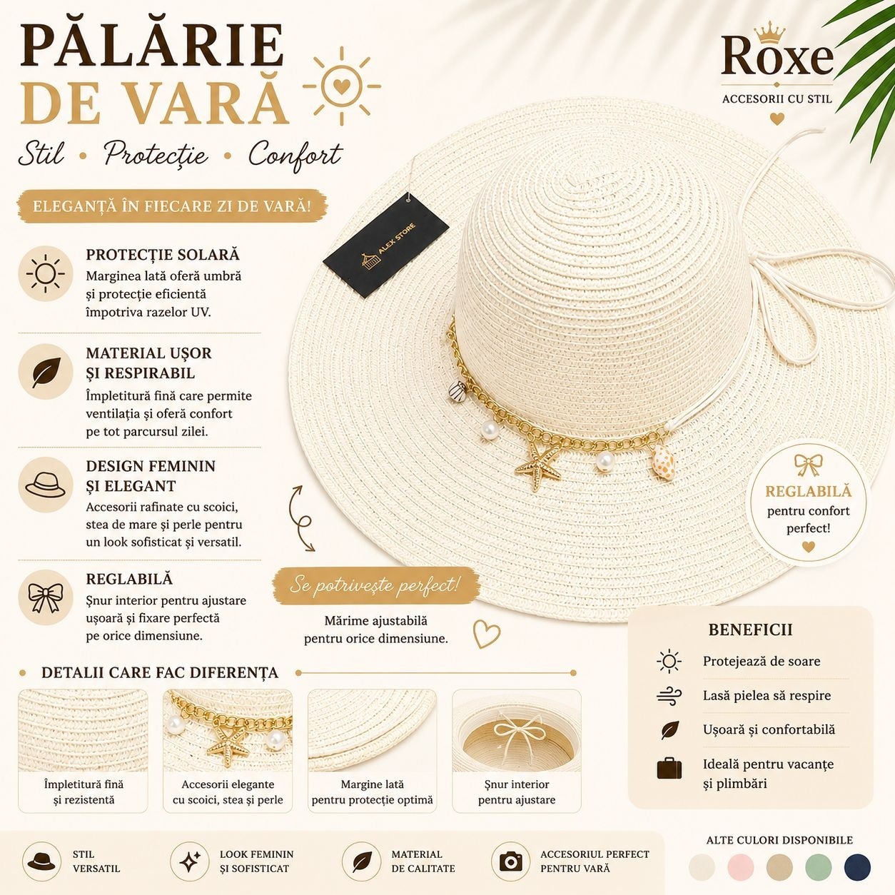 Pălărie Damă de Vară Albă cu Bor Lat, Scoici și Stea de Mare – Reglabilă, Elegantă, Protecție UV 2