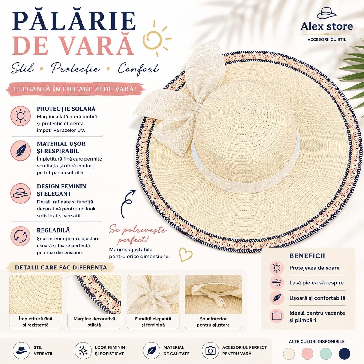 Pălărie Damă de Vară Crem cu Fundă Elegantă și Bor Lat Decorativ – Reglabilă, Protecție UV 2