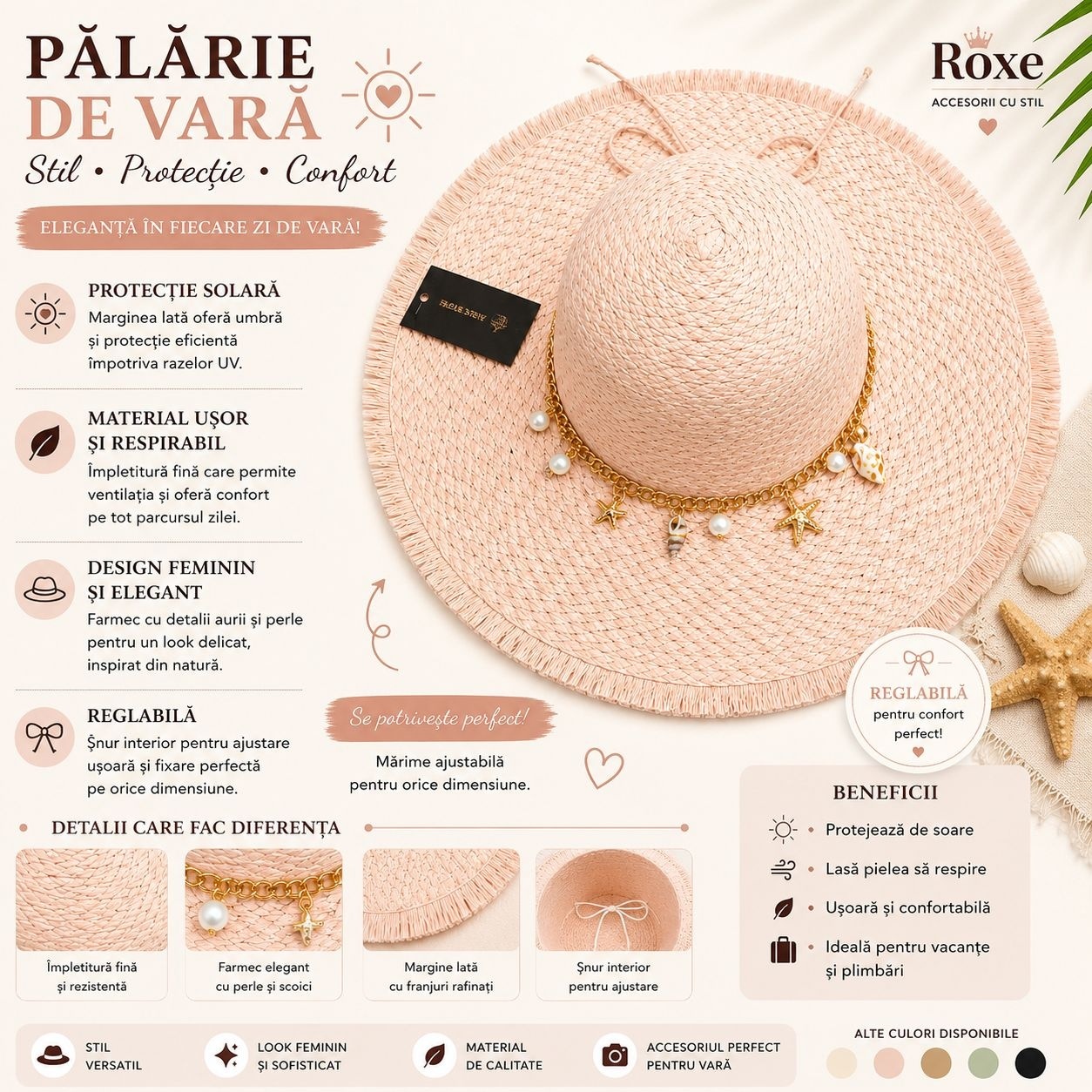Pălărie Damă Roz Pudrat de Vară cu Bor Lat, Franjuri Decorative și Accesorii Marine 2
