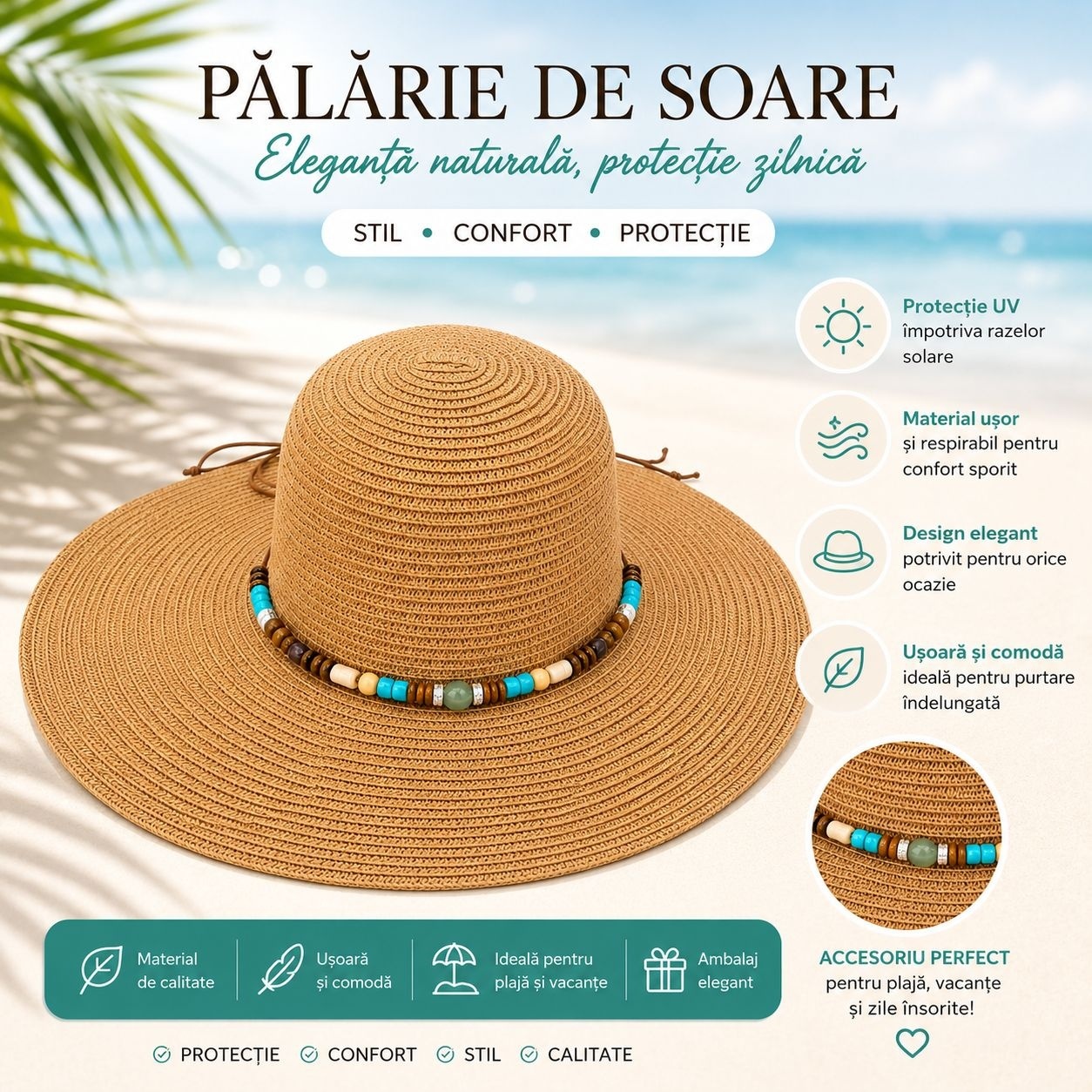 Palarie de Soare Bej Eleganta cu Accesorii Colorate pentru Plaja si Vacante 2
