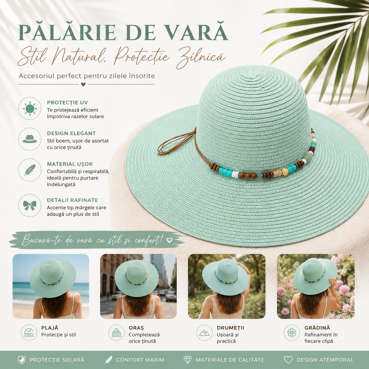 Pălărie de Soare Damă Verde Mentă cu Bor Lat și Mărgele Decorative 2