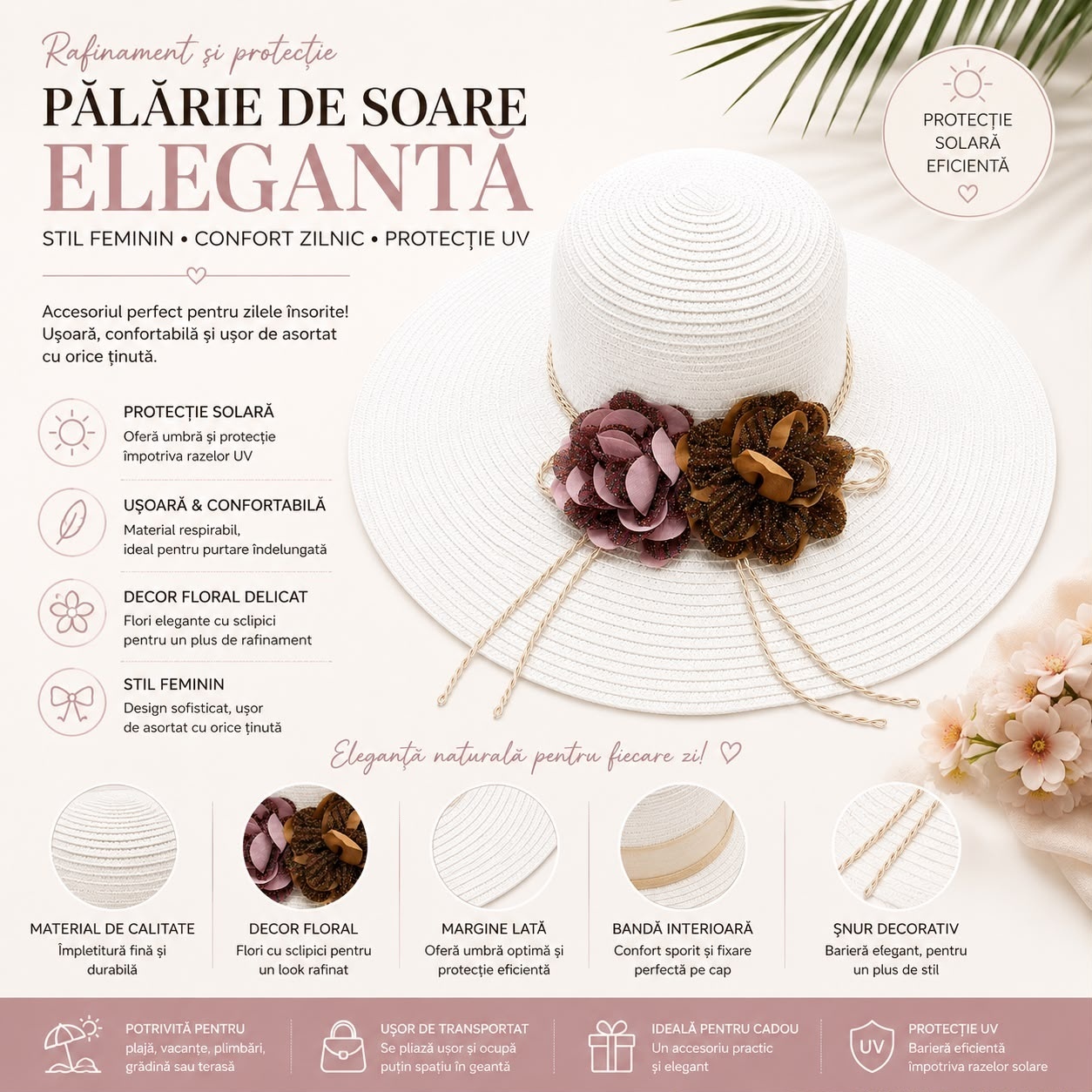 Palarie de Soare pentru Dama Alba cu Boruri Largi si Flori Decorative 2