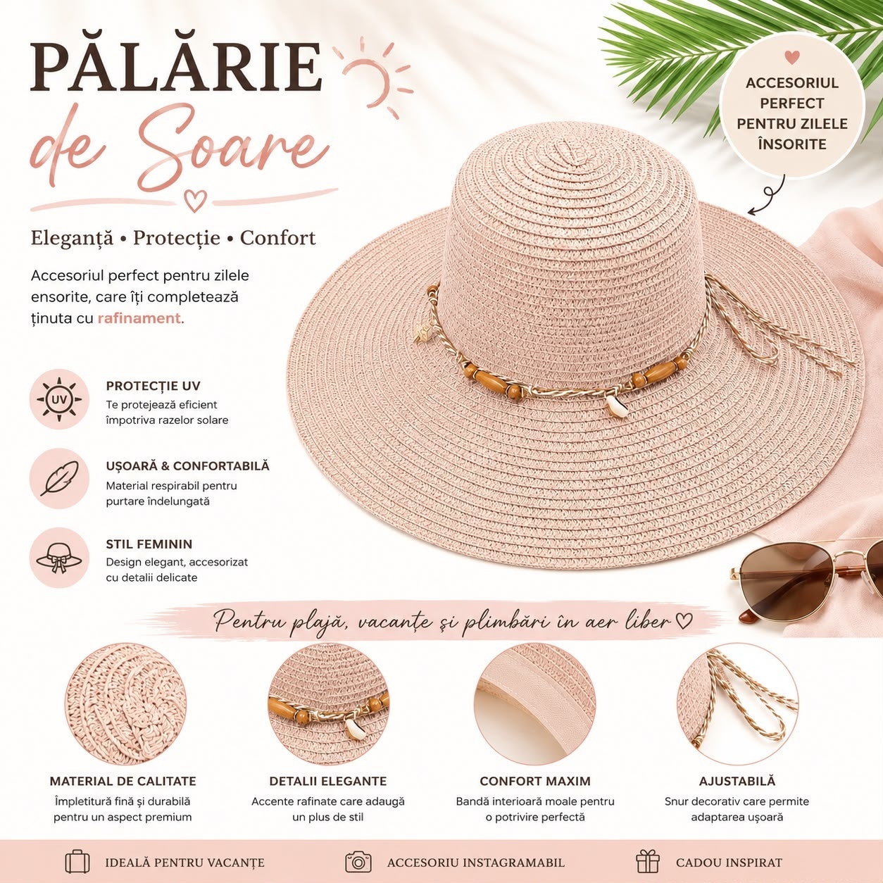 Palarie de Soare pentru Dama Roz Pudra cu Boruri Largi si Accente Decorative 2