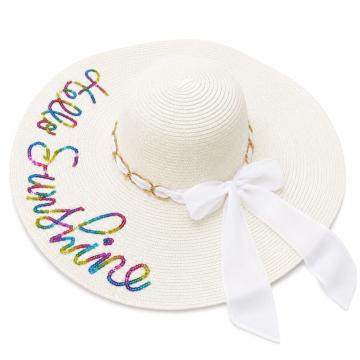 Palarie de Soare pentru Femei, Alba cu Fundita si Inscriptie “Hello Sunshine”, Eleganta pentru Vara