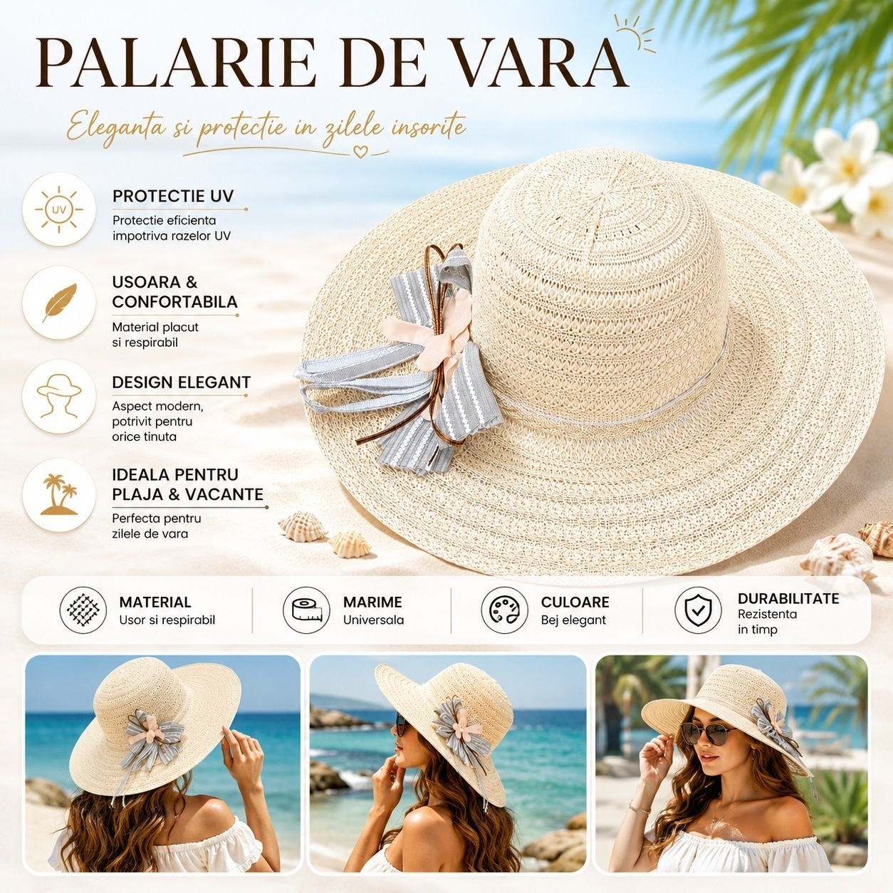 Palarie de Vara Bej cu Bor Larg si Fundita Decorativa pentru Femei Elegante 2