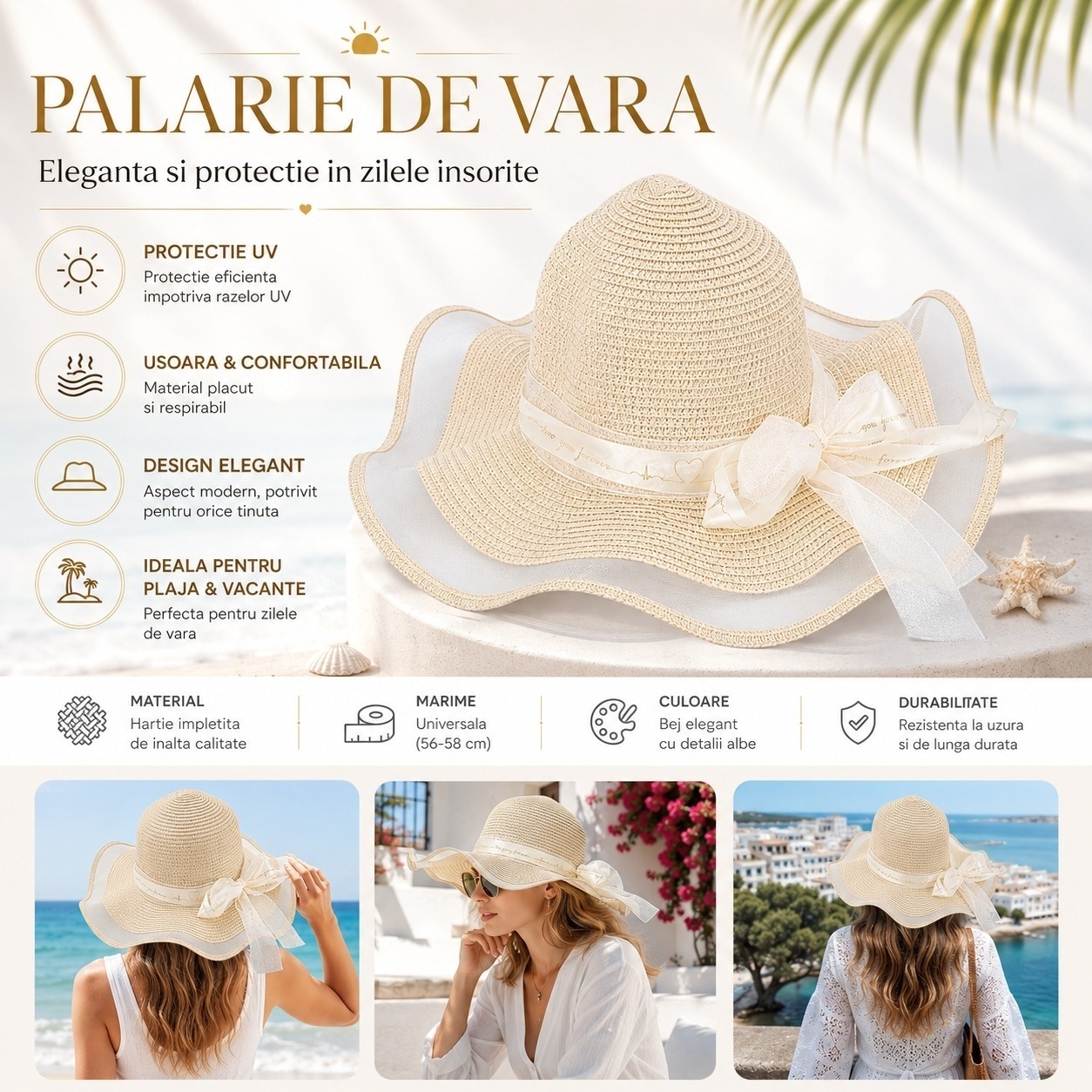 Palarie de Vara Bej pentru Femei, cu Bor Ondulat, Fundita Eleganta si Protectie UV 2