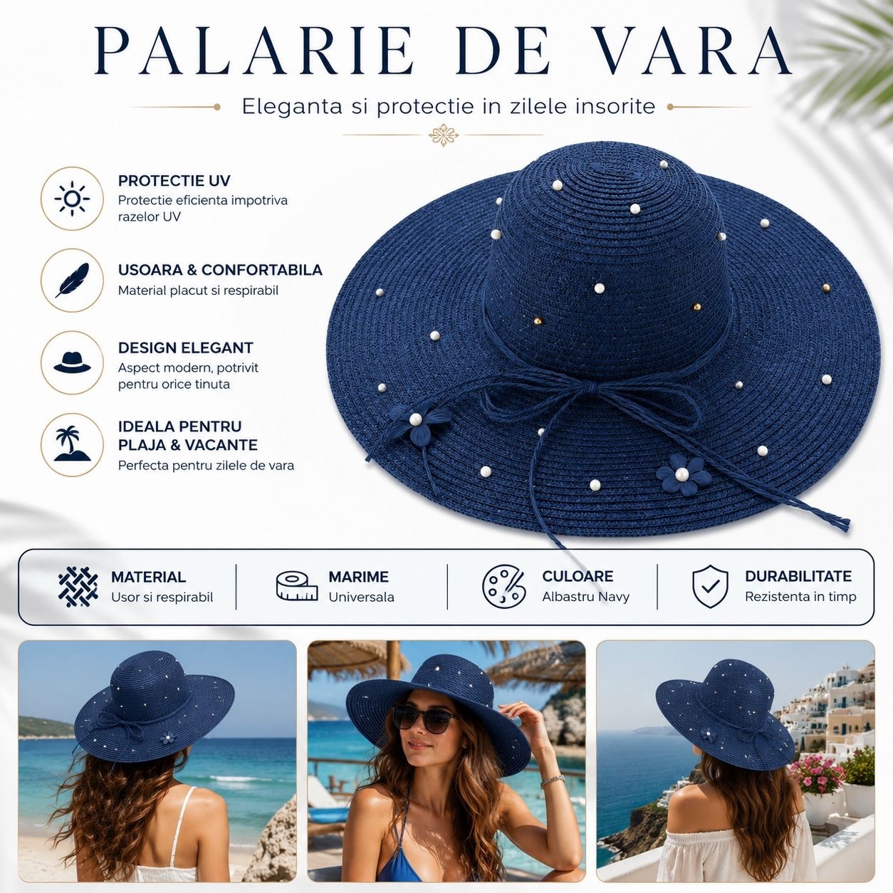 Palarie de vara dama bleumarin cu perle decorative si protectie UV pentru plaja 2