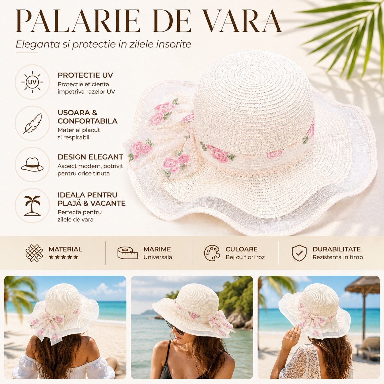 Palarie de vara dama crem cu funda florala eleganta si protectie UV pentru plaja 2