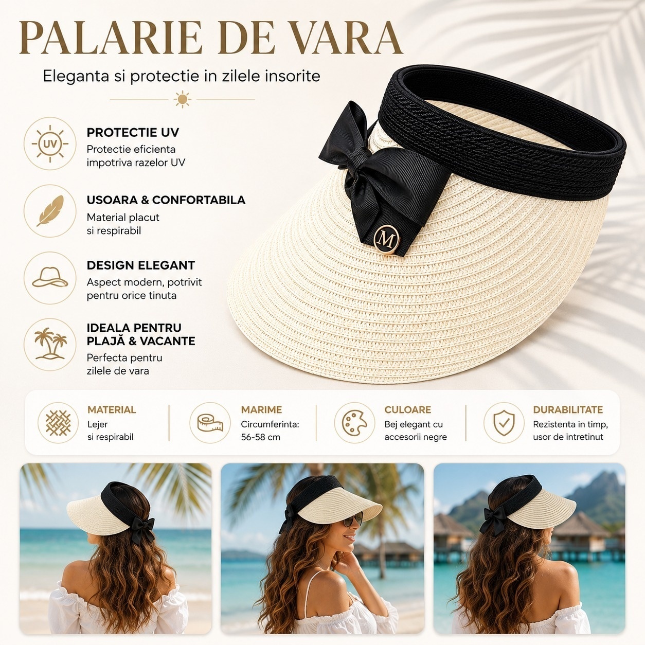 Palarie de Vara Tip Cozoroc pentru Femei, Bej cu Fundita Neagra Eleganta 2