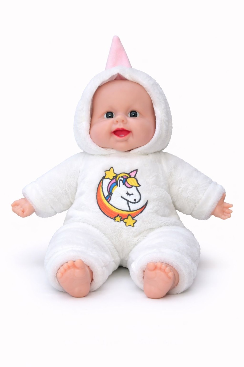 Papusa bebelus 50 cm, costum alb pufos cu unicorn, recita Ingerasul, jucarie interactiva 2