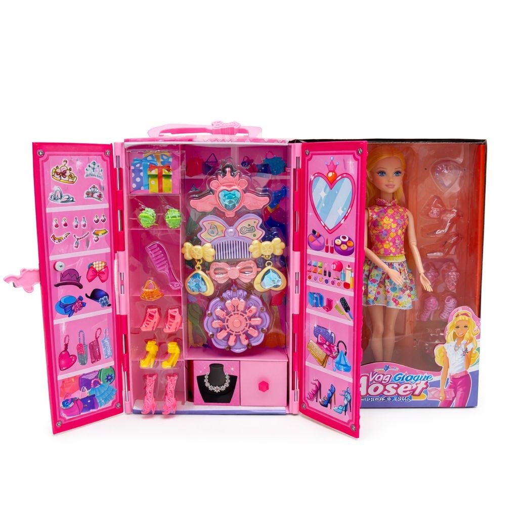 Papusa cu dressing fashion si accesorii, set complet haine si bijuterii roz