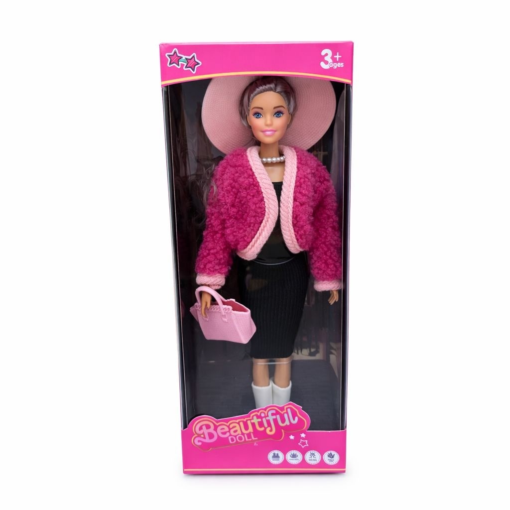 Papusa fashion cu accesorii, tinuta eleganta, palarie si geanta, roz, 32.5 cm