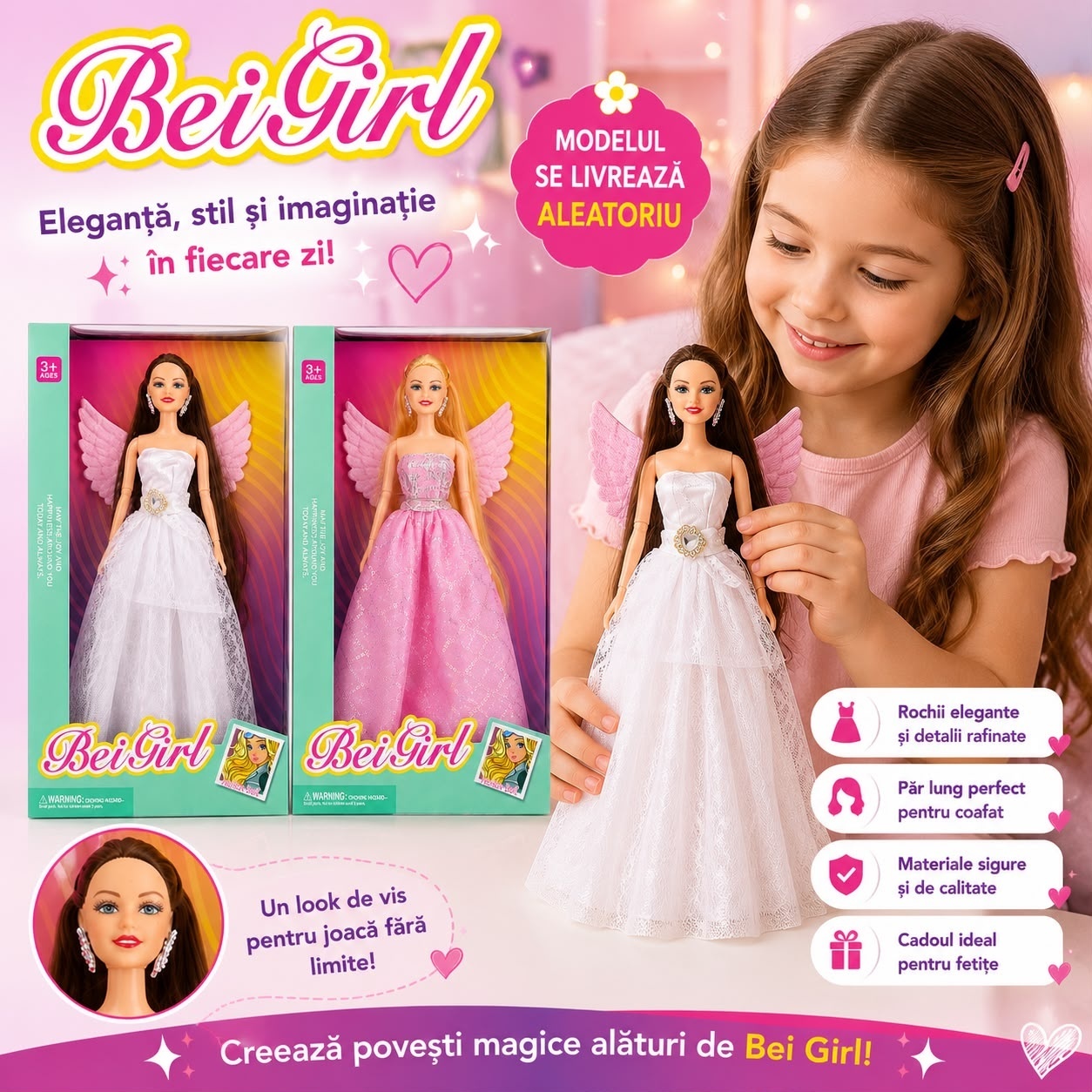 Păpușă Prințesă cu Aripi Bei Girl, Model Aleatoriu – Păpușă Elegantă pentru Fetițe 3+ Ani 3