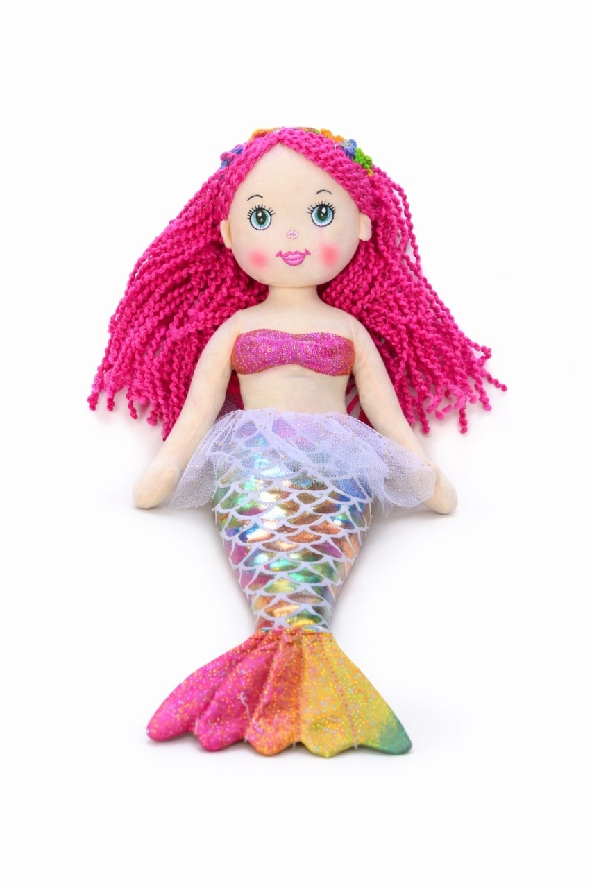Papusa sirena textila muzicala 42 cm, canta „Bau Bau”, coada curcubeu, par roz, +3 ani 2