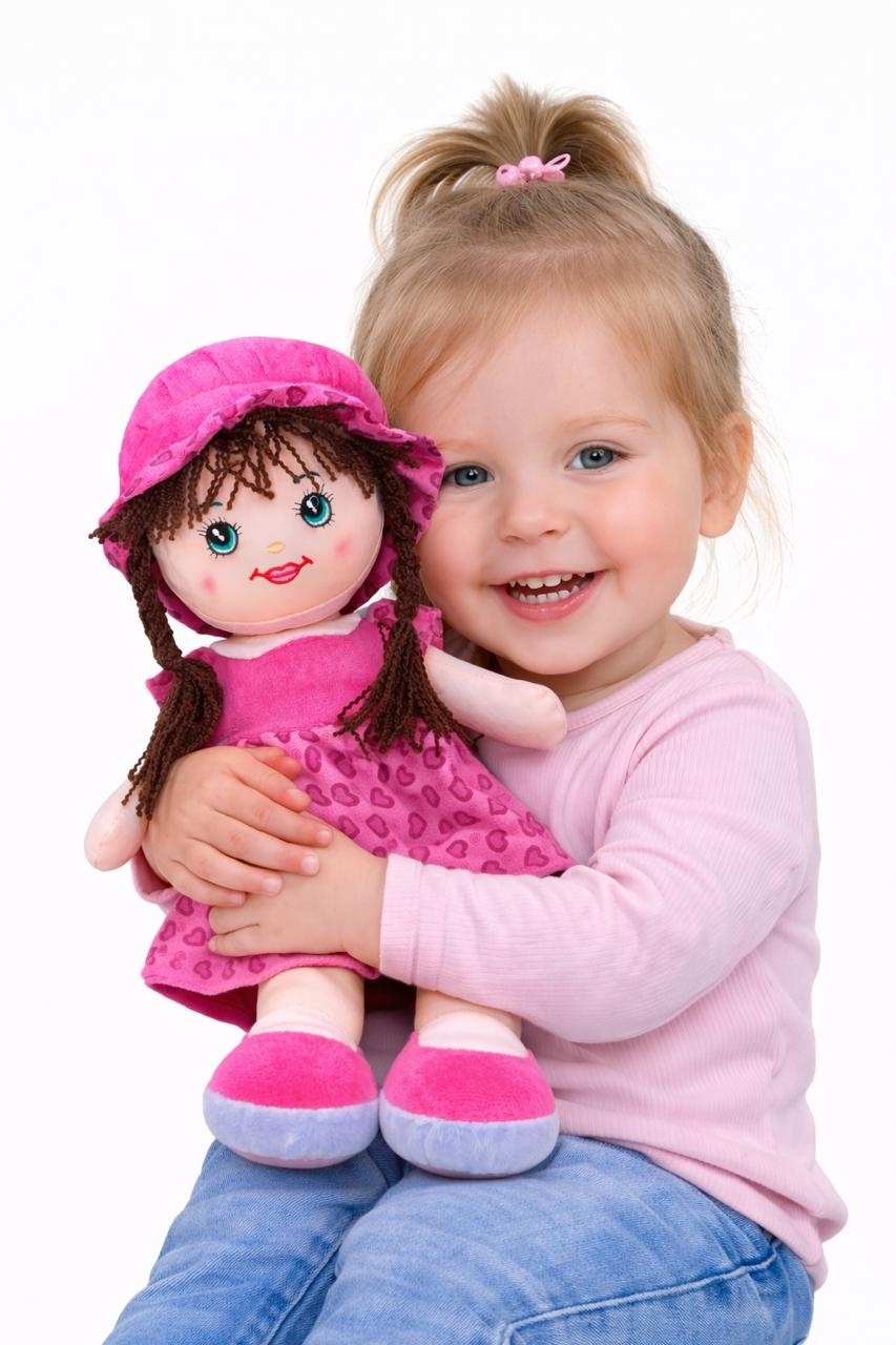 Papusa textila muzicala 40 cm, canta „Bau Bau”, rochie roz intens cu inimioare, jucarie copii 3