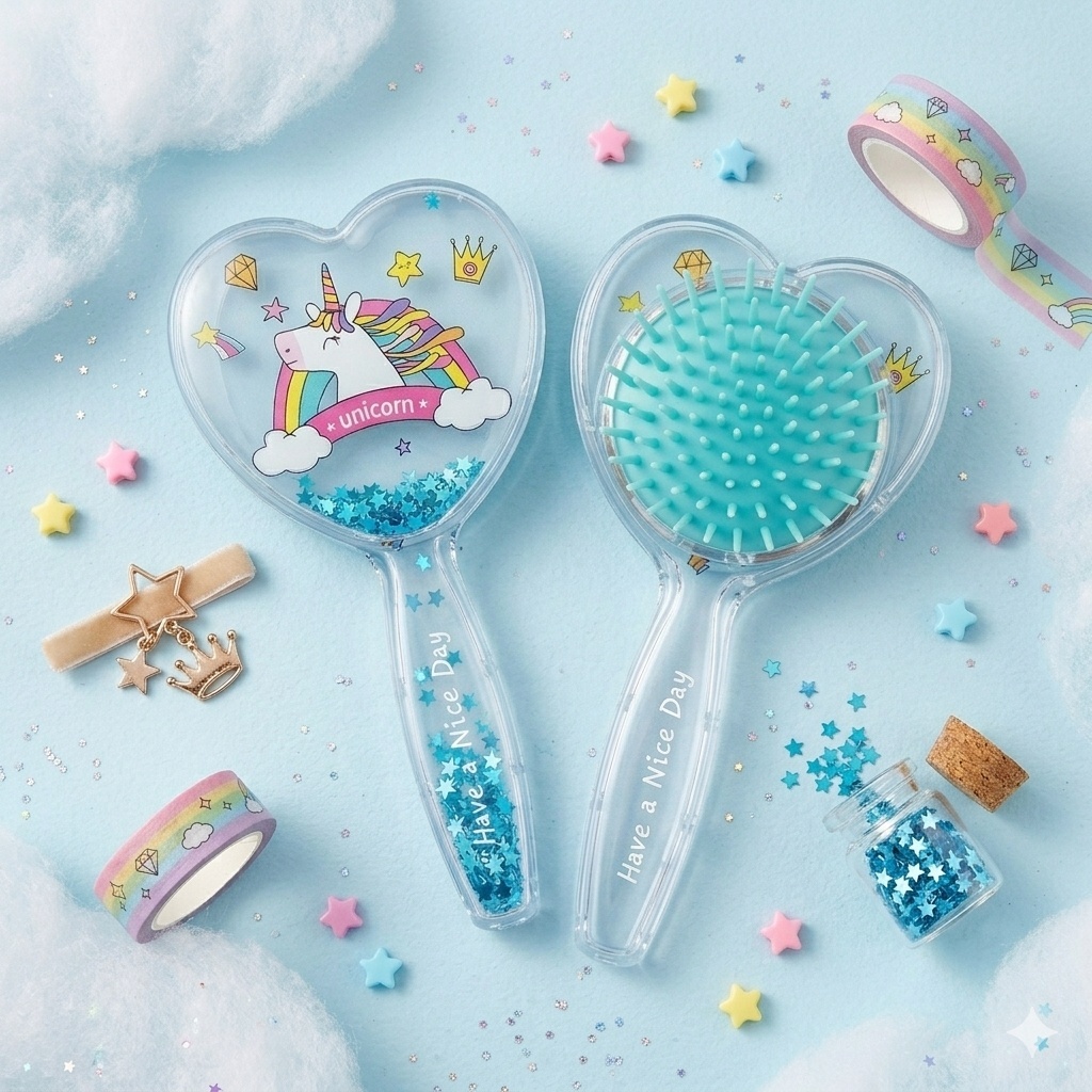 Perie de Păr 15cm , inimioara cu Unicorn– Descurcare Delicată, Diverse Modele 3