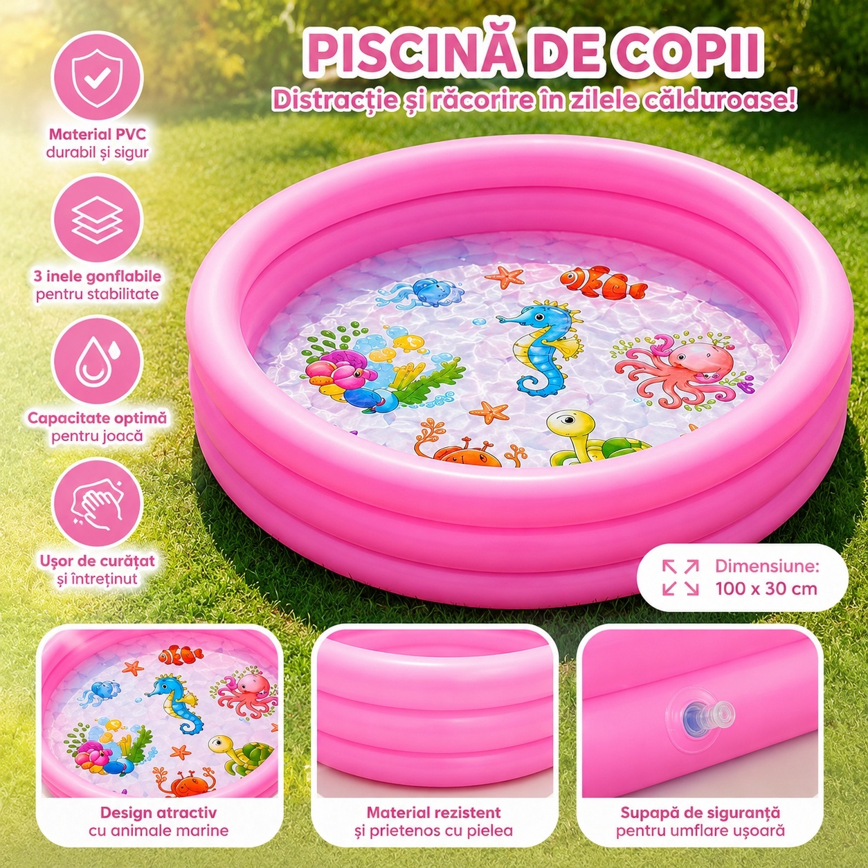 Piscina Gonflabila pentru Copii, Roz, cu Model Animale Marine, PVC Rezistent 2