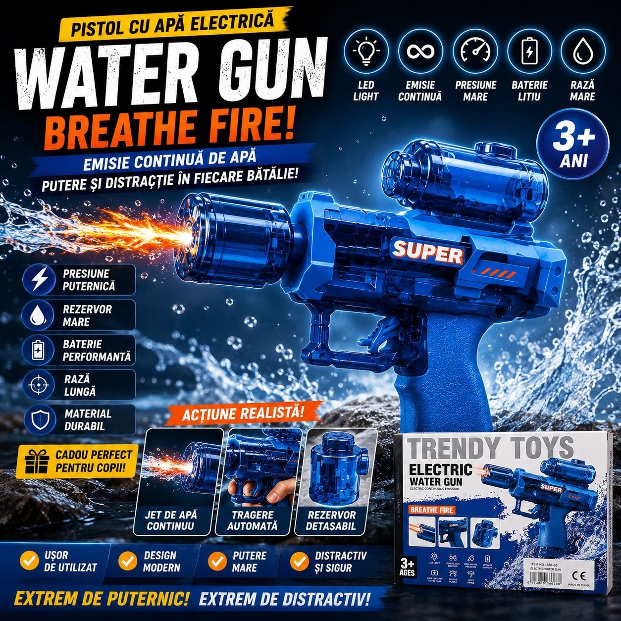 Pistol cu Apă Electric Albastru cu Lunetă, LED, Jet Continuu și Baterie Reîncărcabilă 2