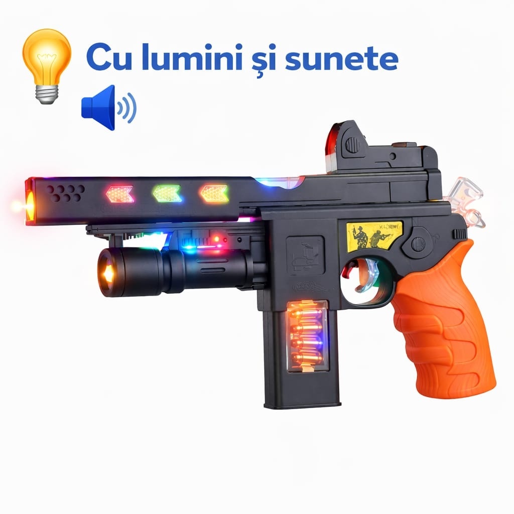 Pistol cu sunete și lumini Fittlewar JQ6805 din plastic pentru copii, 27.5 x 6 x 16.8 cm.