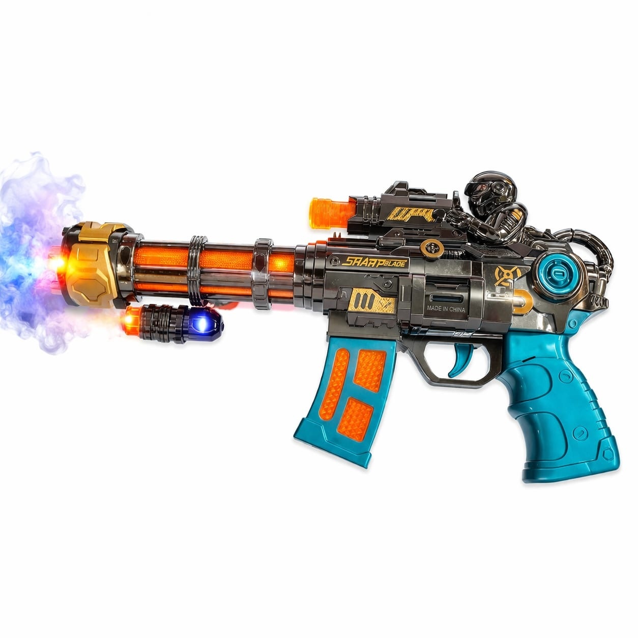 Pistol jucarie electric cu efect fum, lumini LED si sunete, model futuristic premium albastru-negru