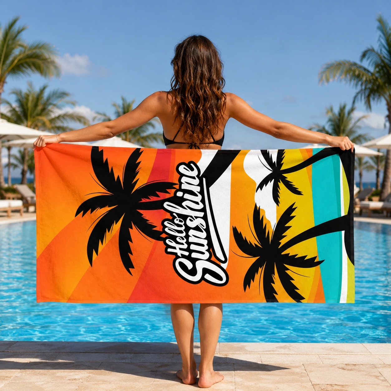 Prosop de plaja Hello Sunshine cu palmieri tropicali, 70x140 cm