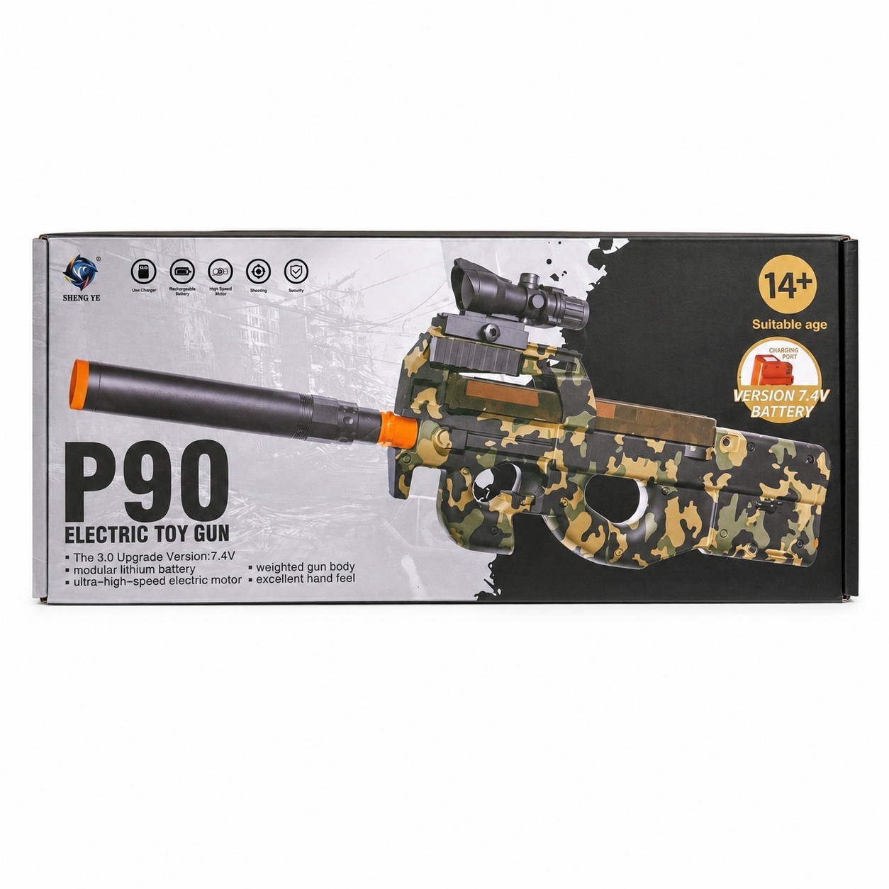 Pușcă de jucarie Electrică cu Bile de Apă P90, 45 cm – Baterie Reîncărcabilă, Ochelari de Protecție Incluși 2