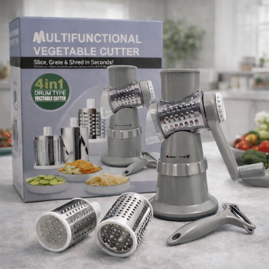 Razatoare manuala multifunctionala 4 in 1 pentru legume si fructe cu tamburi inox gri