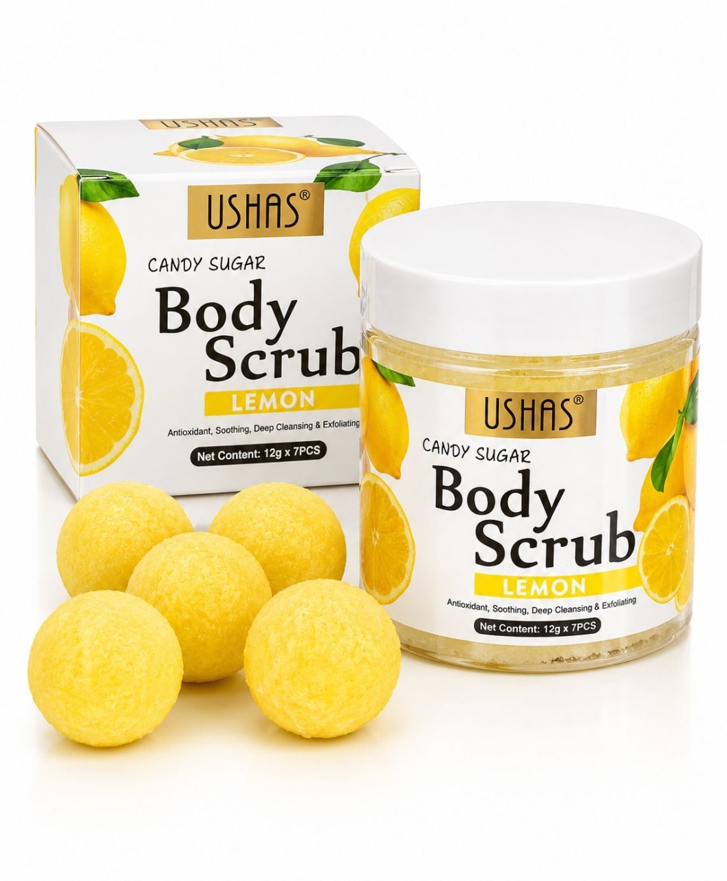Scrub de Corp cu Lămâie Ushas Candy Sugar Body Scrub – Exfoliant cu Extract de Lămâie