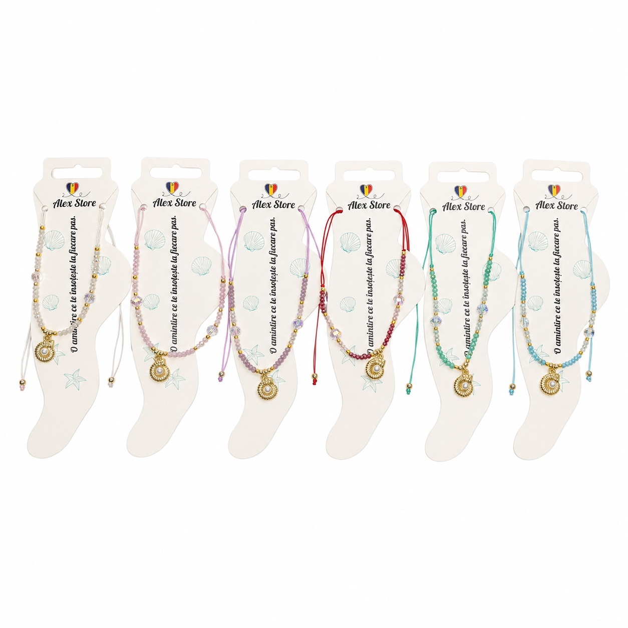 Set 12 bratari de picior Roxe, 20cm, colorate cu pandantiv melcisor si perluta