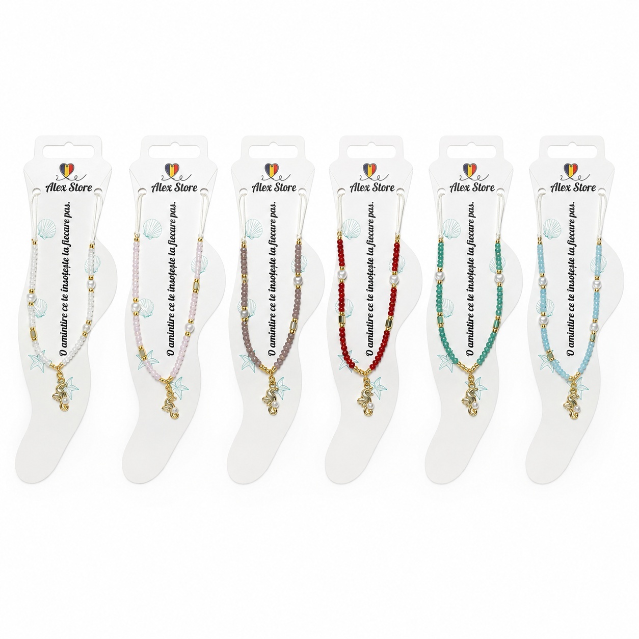 Set 12 bratari de picior Roxe, 20cm, cu calut de mare si perluta, margele colorate, reglabile
