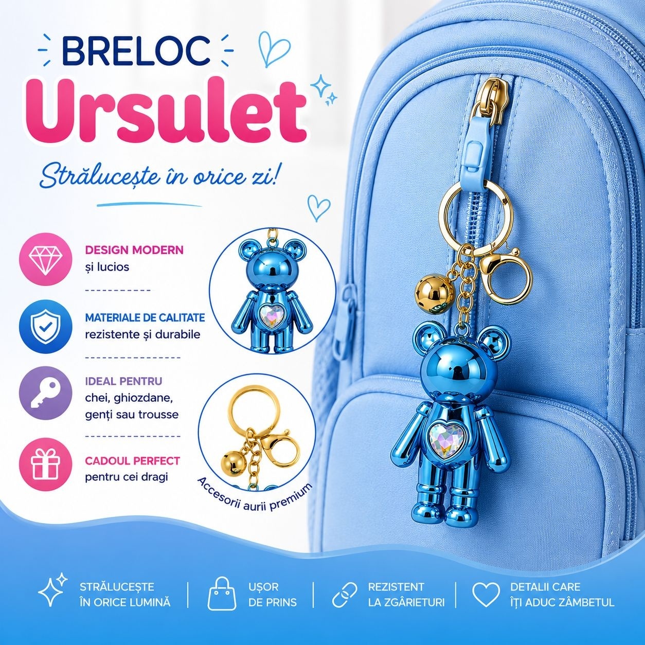 Set 12 Brelocuri Ursuleț 6 cm – Mix Culori Metalizate, Accesorii Premium pentru Chei și Genți 3