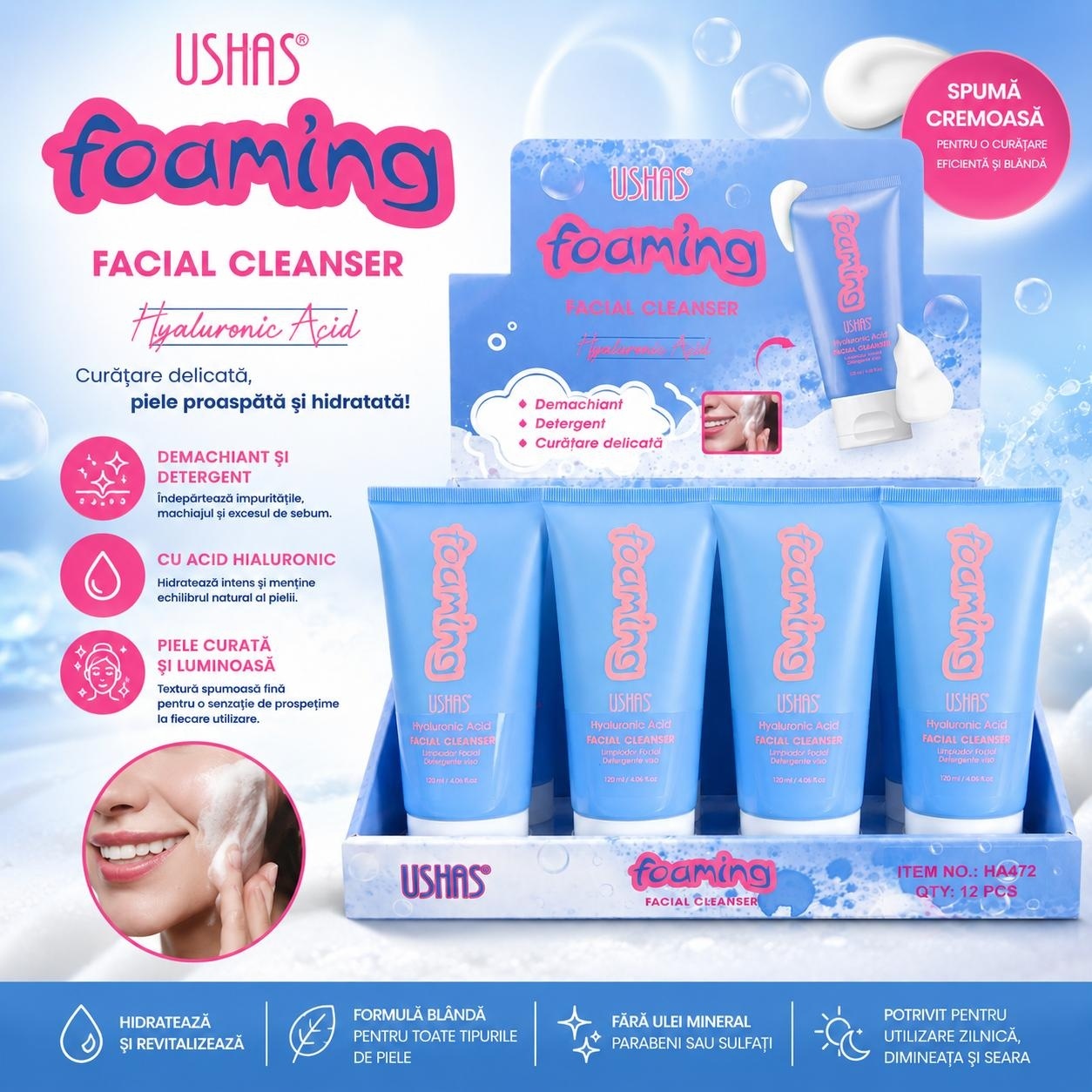 Set 12 Cleanser Demachiant Facial Spumă cu Acid Hialuronic USHAS 120 ml 2