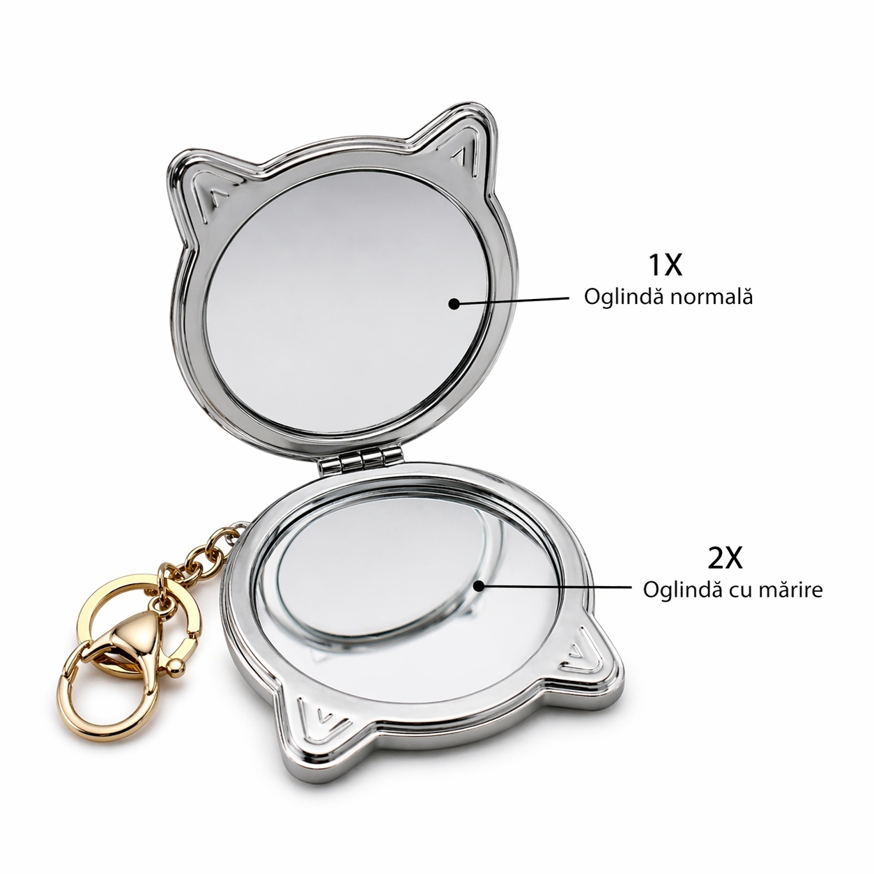 Set 12 oglinzi cosmetice, 7,5 cm, forma pisică, diverse modele, portabile cu breloc 3