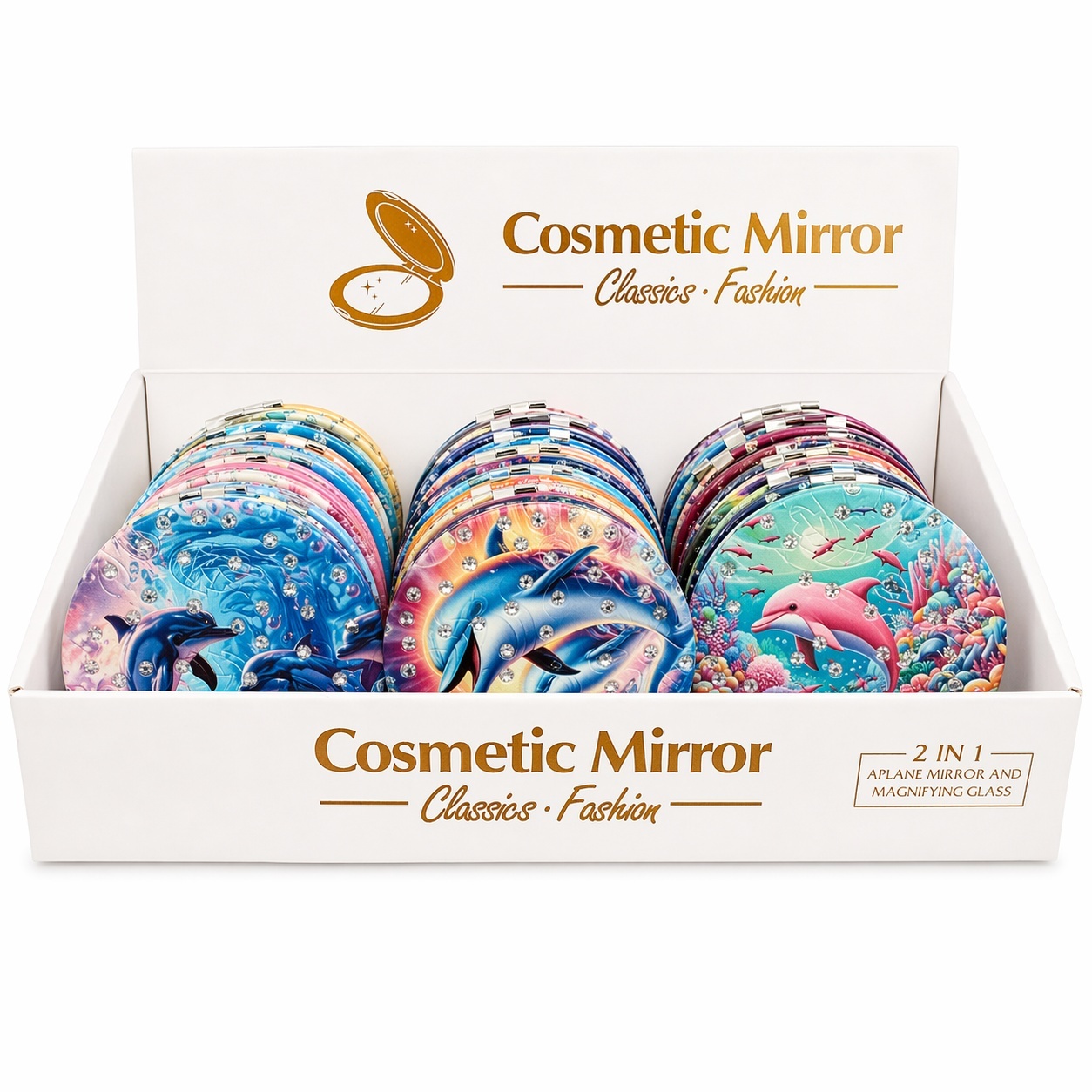 Set 12 oglinzi cosmetice 7 cm model delfini, oglindă dublă , compacte și elegante